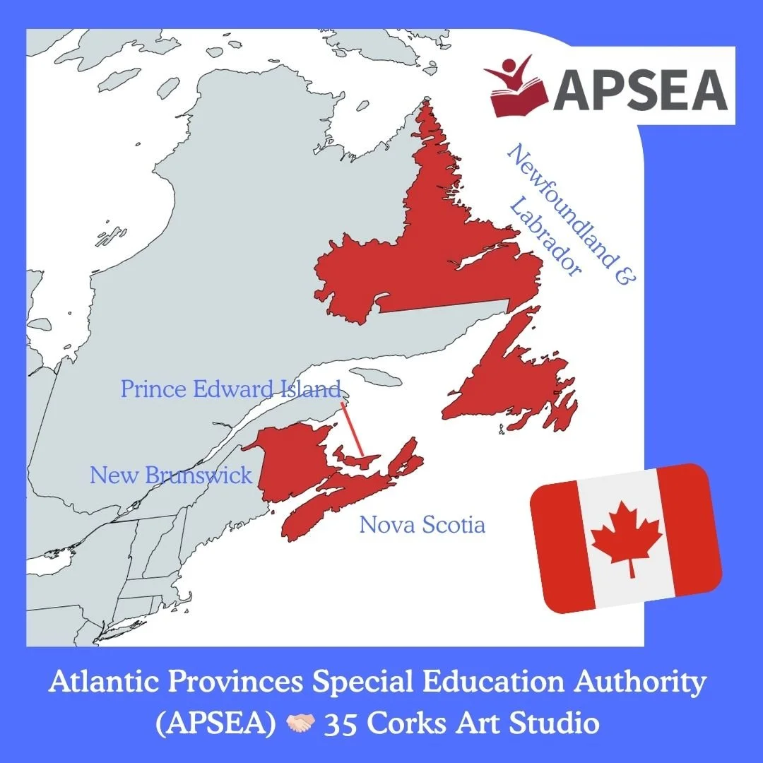 Map of the Atlantic Provinces of Canada, demonstrating that 35 Corks Art Studio illustrations are used by over 900 students and teachers across Eastern Canada.