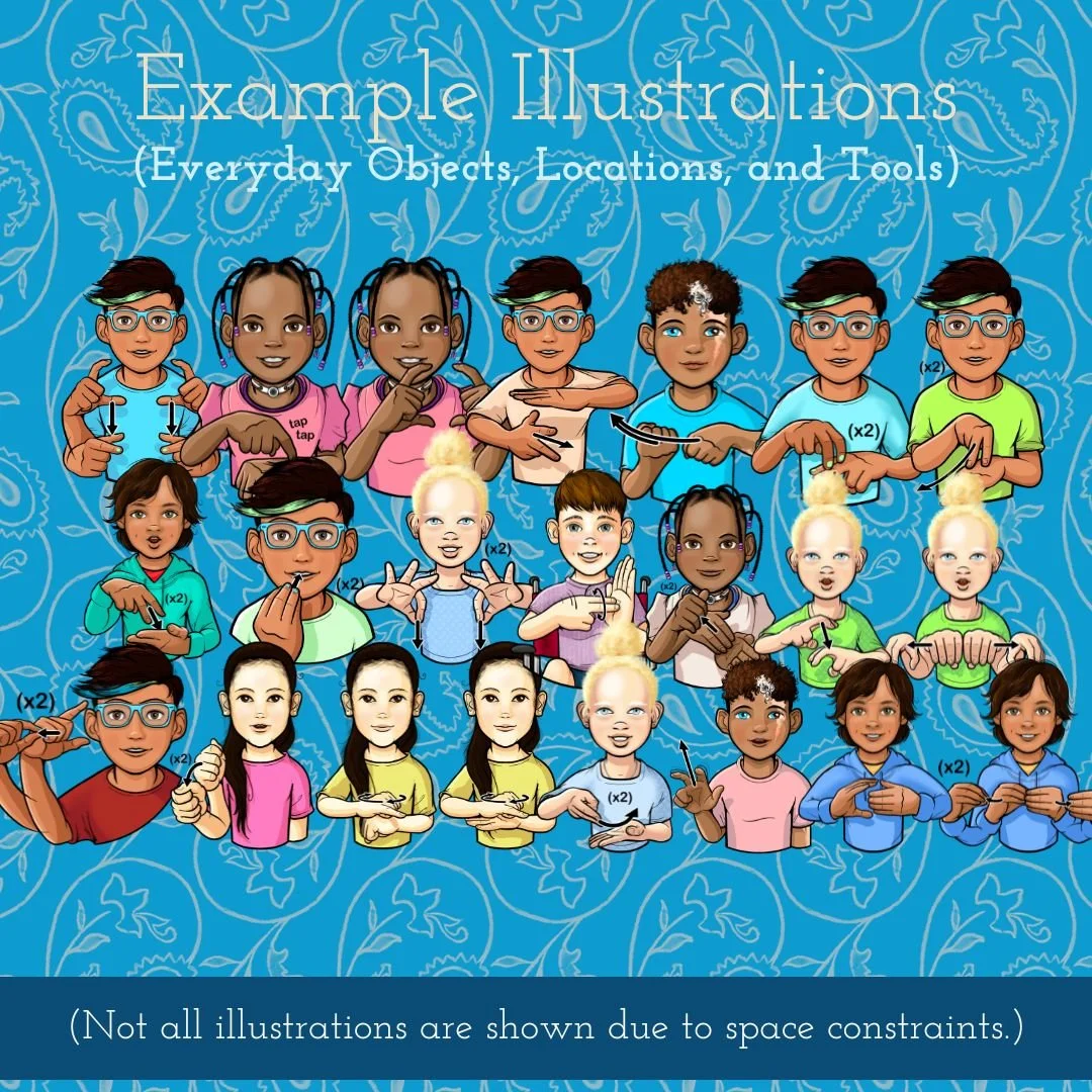 Variety of children signing ASL words, as drawn by 35 Corks Art Studio. (Copy)