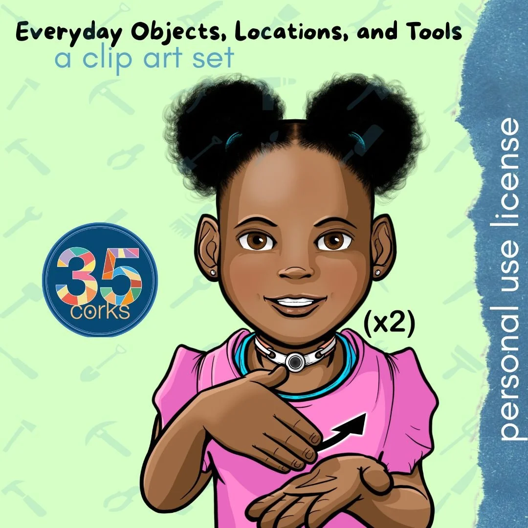 Cover image of the everyday objects, locations, and tools ASL clip art set by 35 Corks Art Studio. There is a little girl signing BROOM as an example.