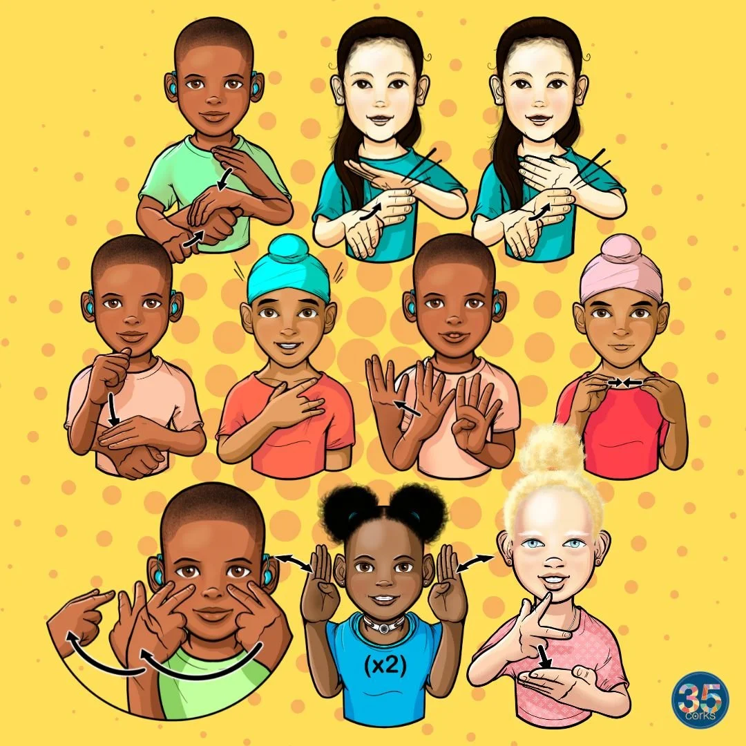 Various children illustrated, signing different ASL words, as part of the digital download, "More Action Words 2026" by 35 Corks Art Studio.