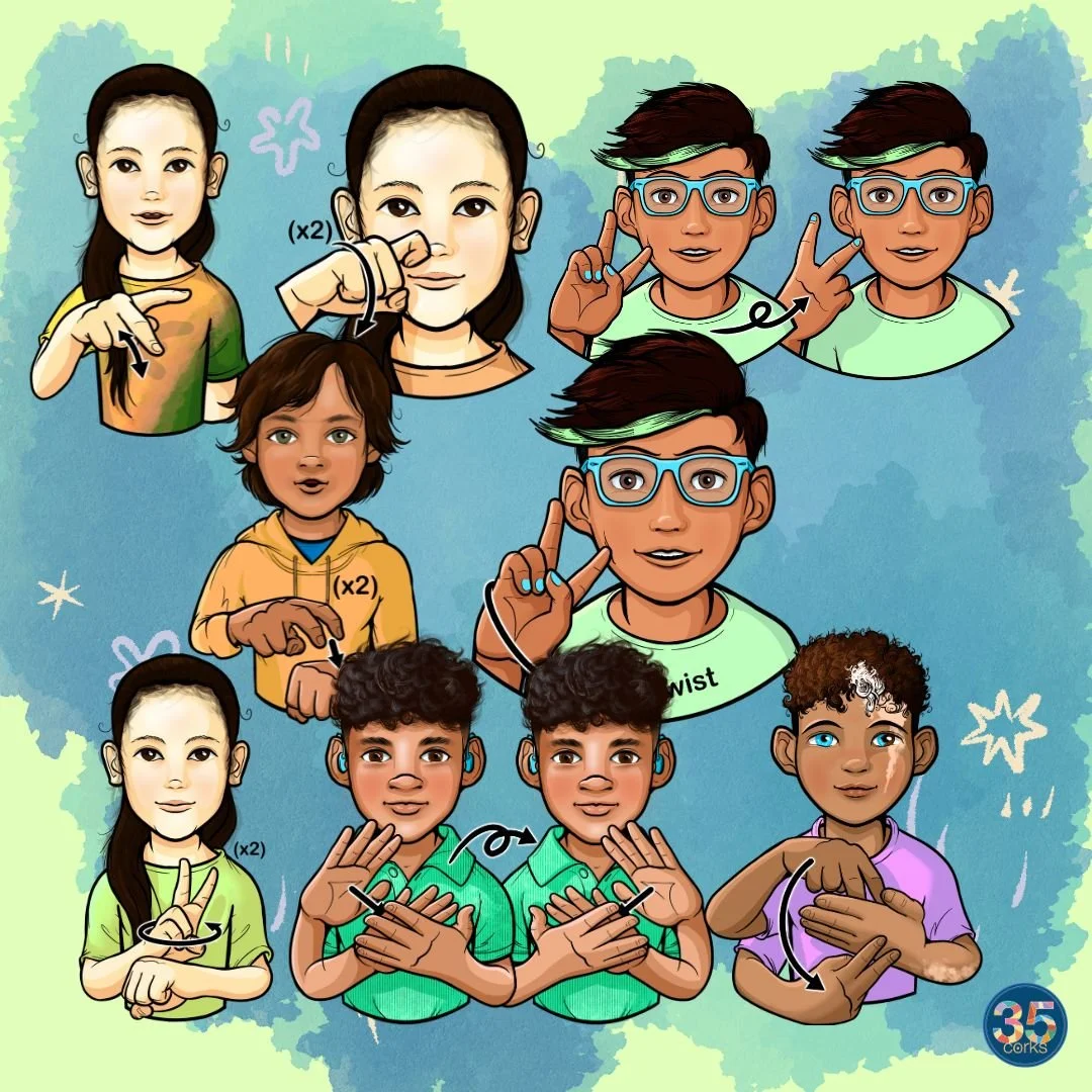 Various children signing different ASL American Sign Language words. These illustrations are examples of the colorized illustrations included in this digital download product by 35 Corks Art Studio.