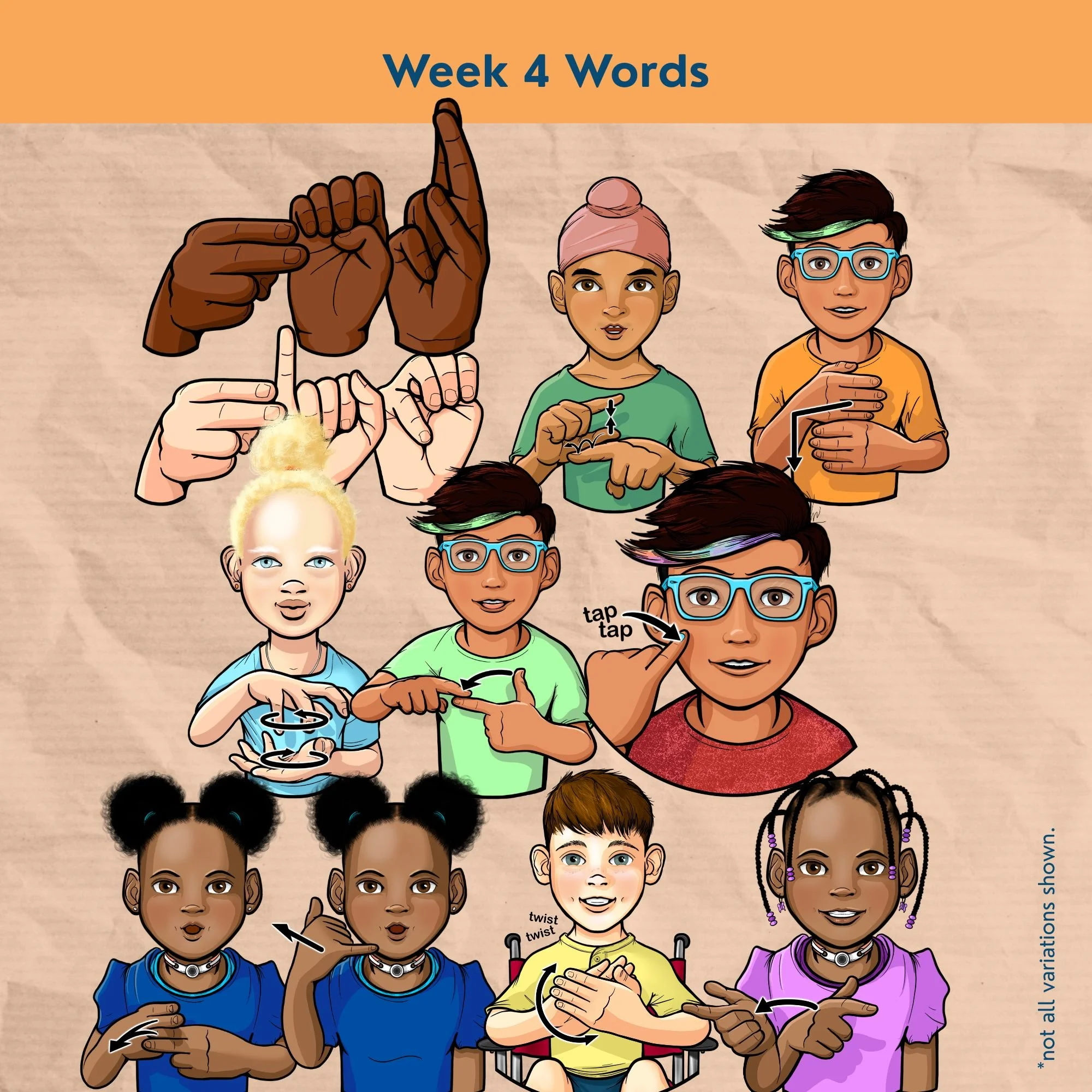 Various children signing Bedrock Literacy Year 2 words. This is a new ASL clip art set by 35 Corks Art Studio.