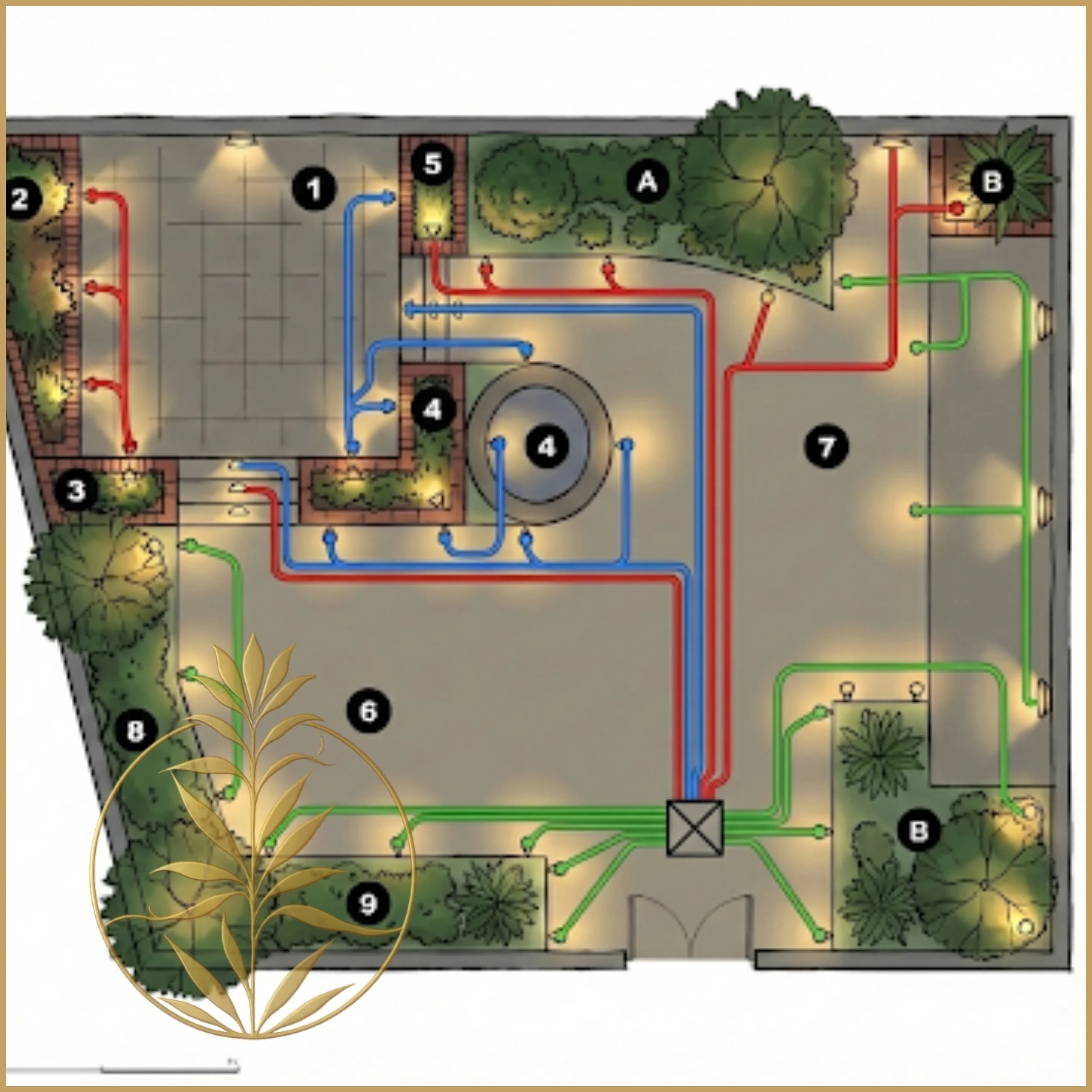 A detailed technical schematic and wiring design plan for a garden, showing lighting circuit zones, lamp types, and transformer locations by Moonlight Studio.