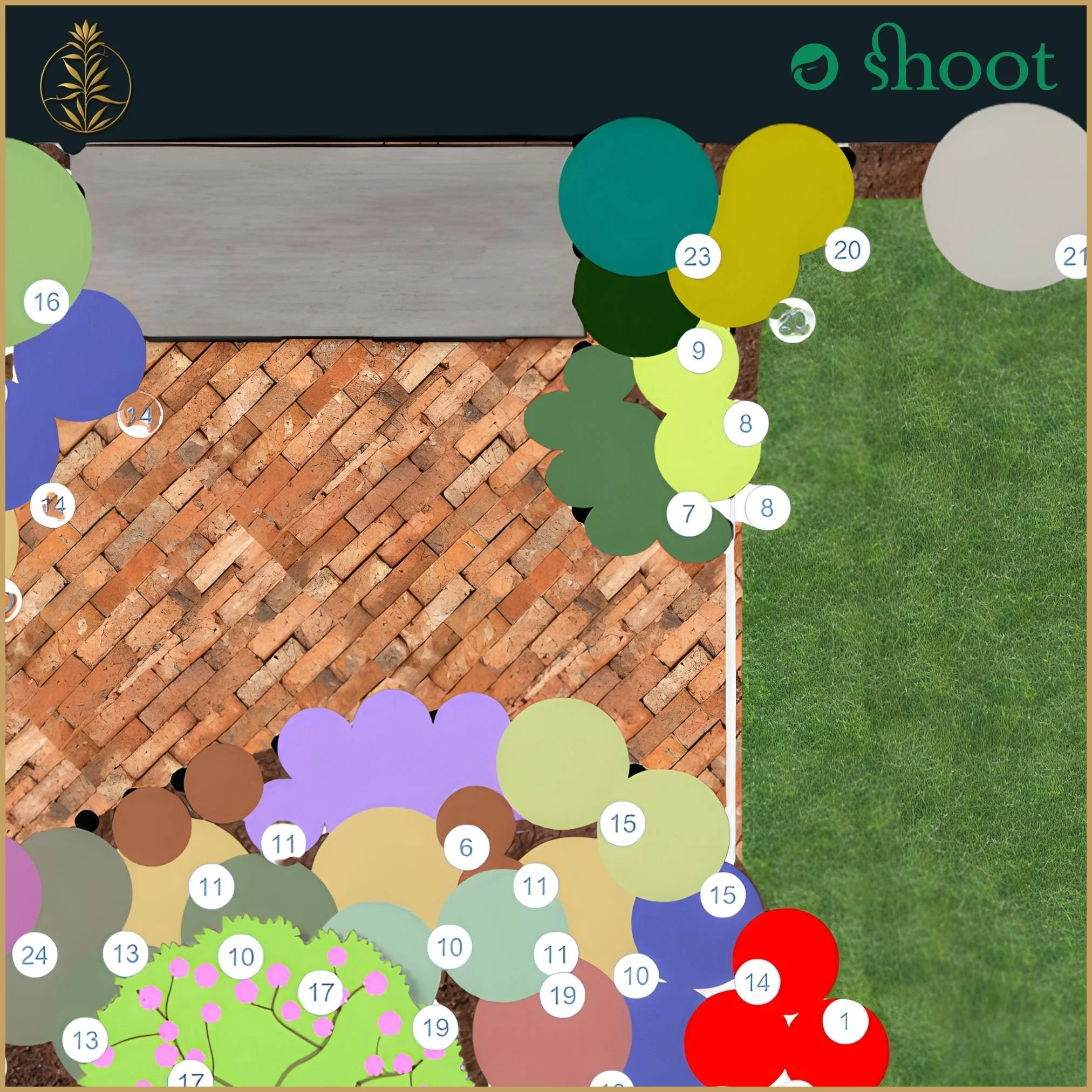Professional horticultural planting plan created via Shoot Gardening with detailed plant keys and positions.