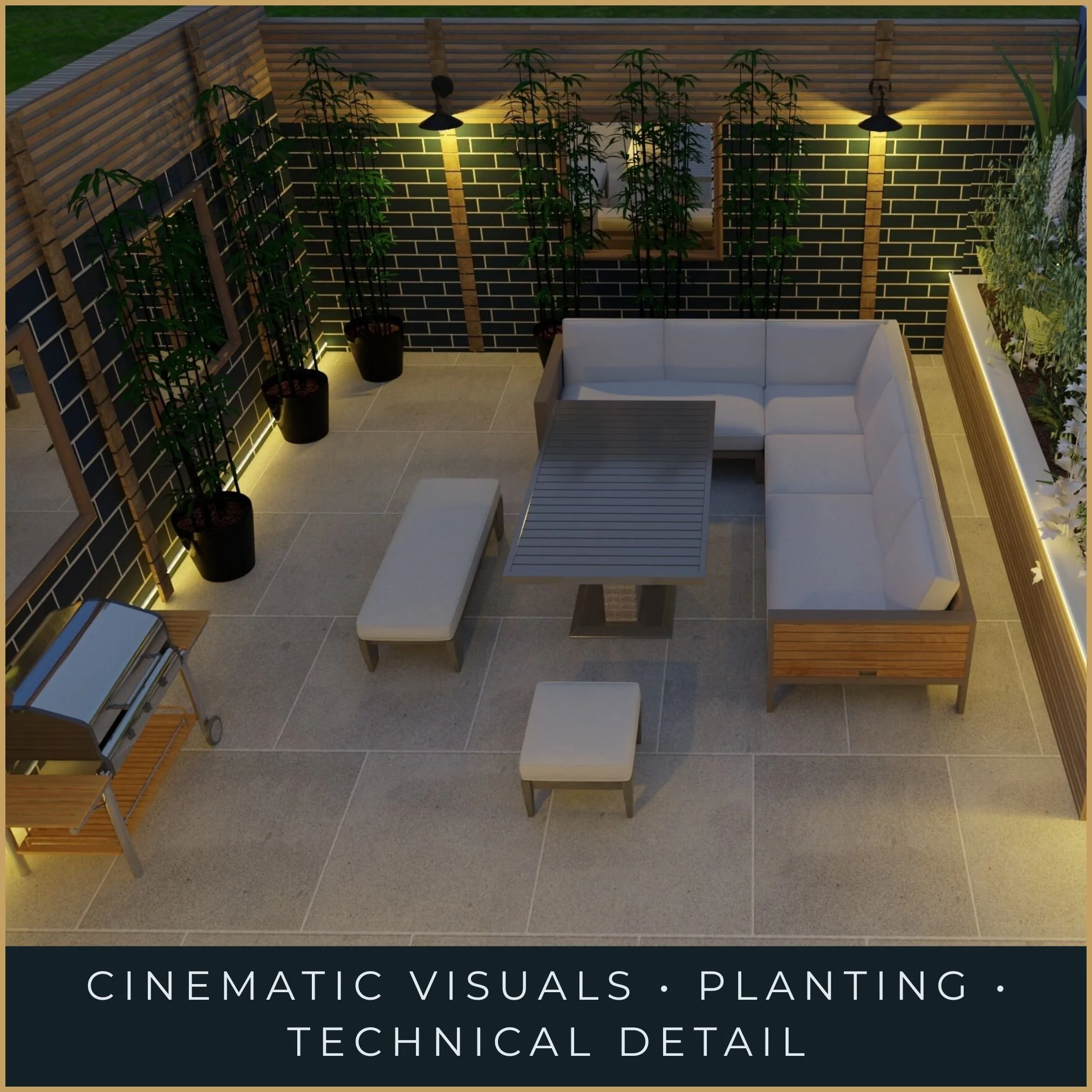 3D top-down perspective plan of the The Complete Blueprint Asset | 3D Digital Twin Garden Design by The Moonlight Garden Design Co. for a nocturnal sanctuary in South London and UK Nationwide.