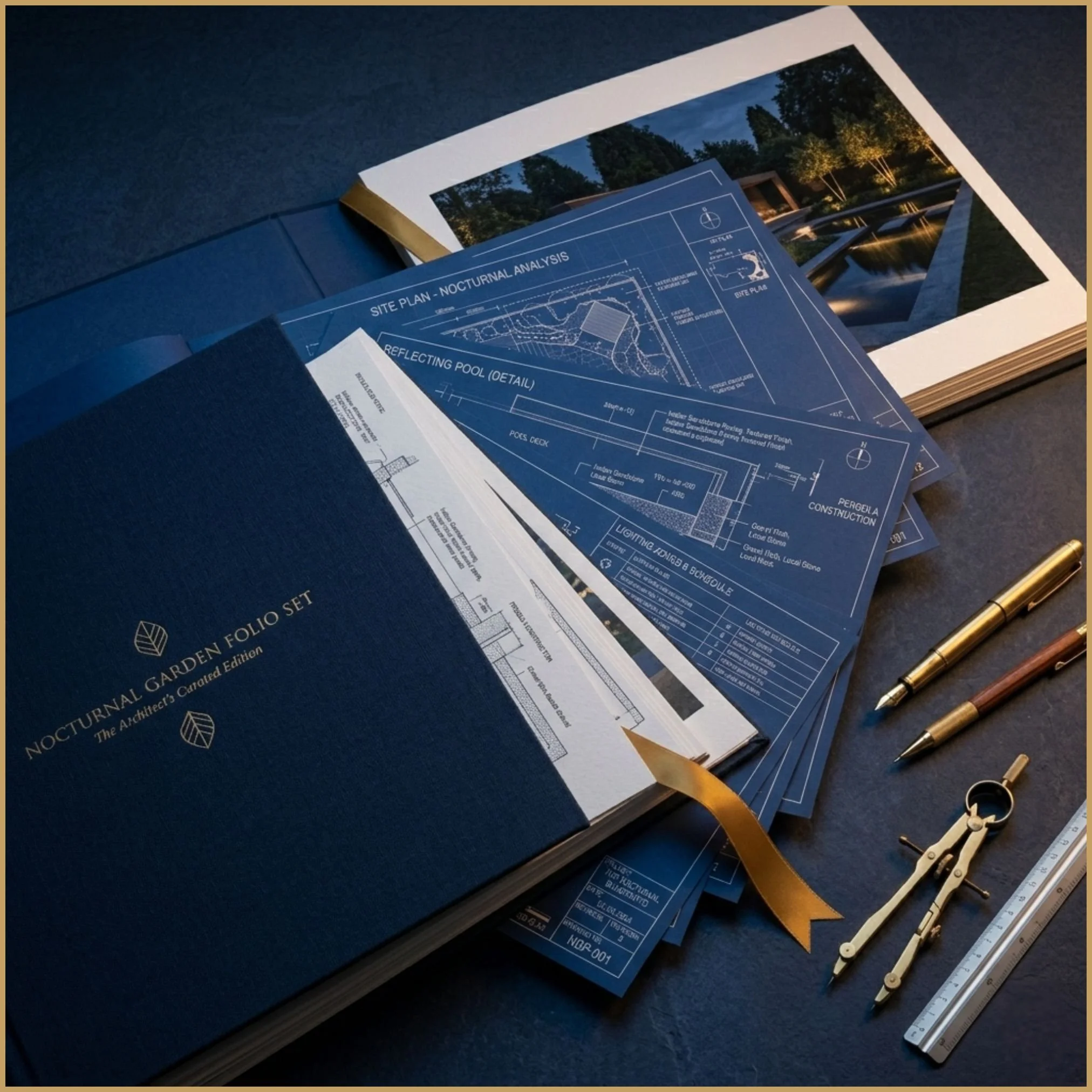 A close-up of a printed dusk visual sheet showing a warm lighting detail under a garden step, surrounded by paved surfaces and planted ferns.