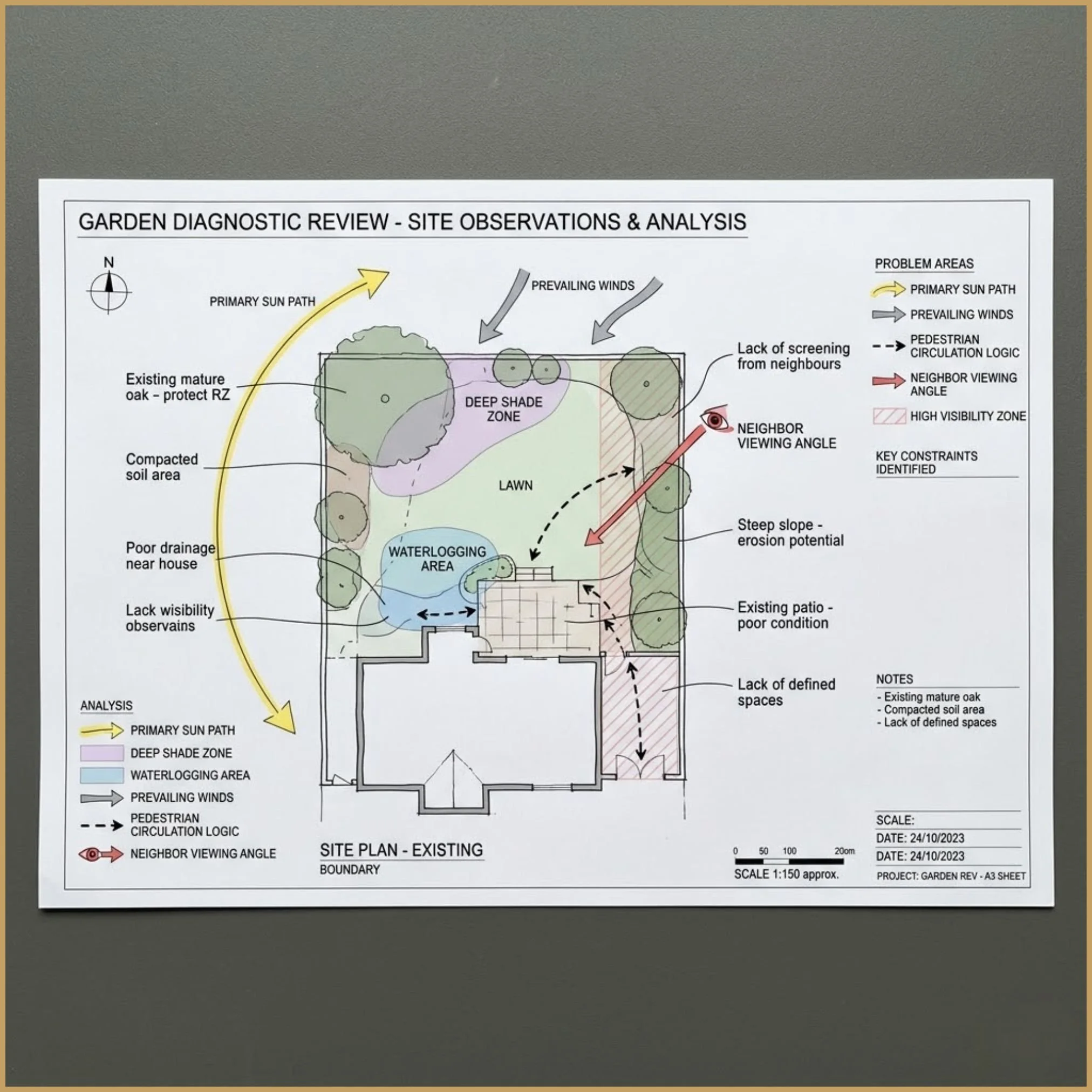 Overhead view of an A3 printed review sheet showing garden site observations. The page includes shaded problem areas and directional arrows.