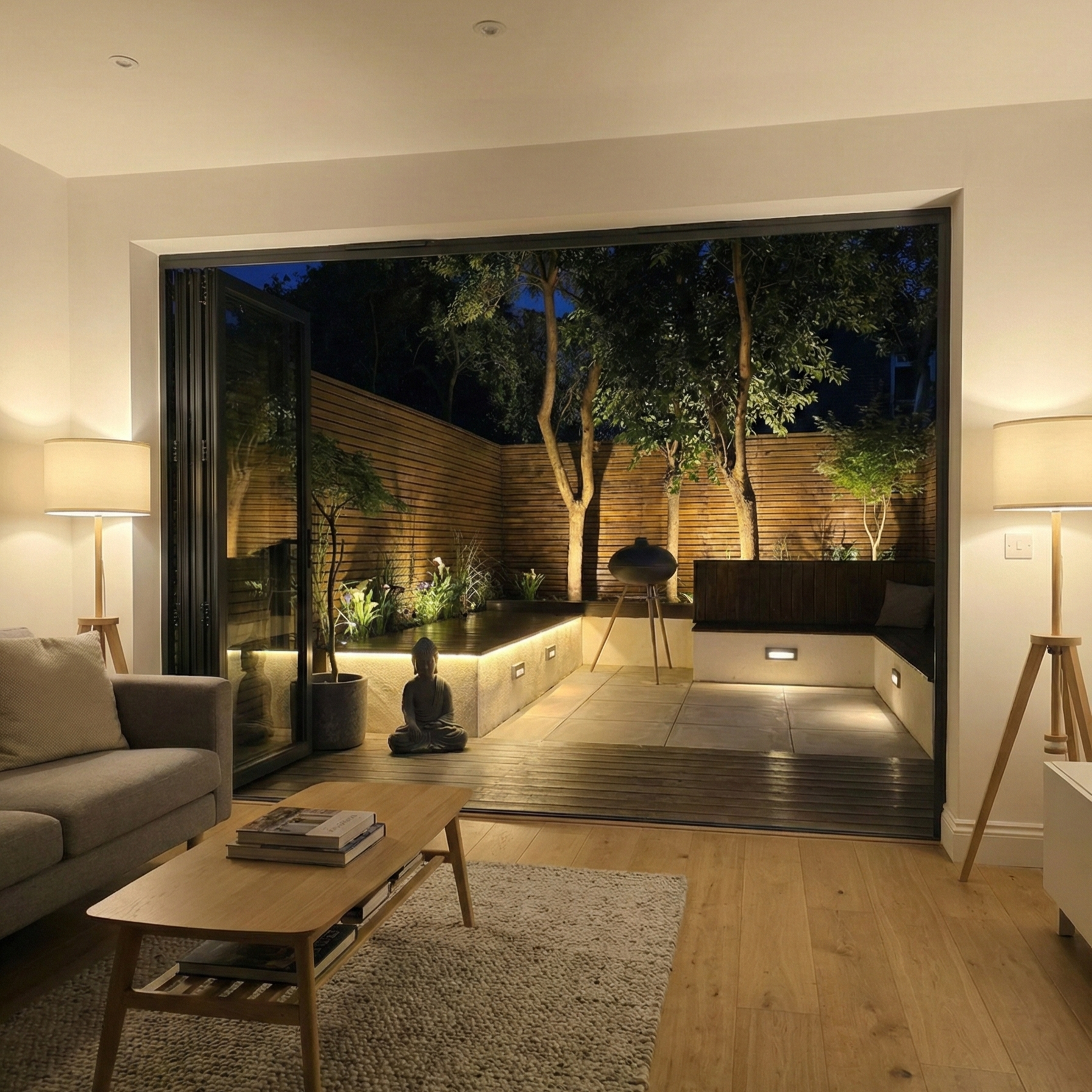 Cinematic 3D garden render at dusk showing warm white LED lighting and porcelain paving.