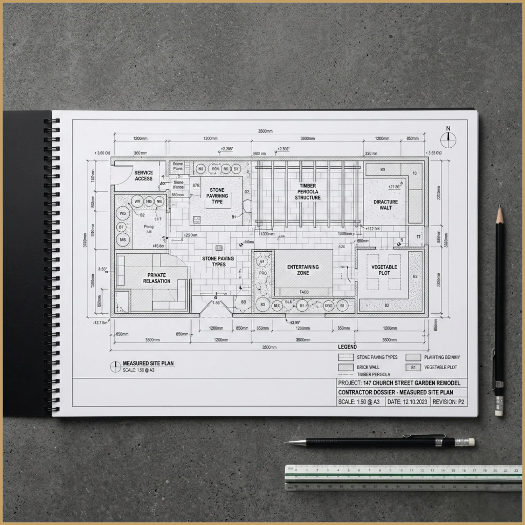 An A3 contractor dossier lies open on a dark surface. The visible page displays a precise measured garden layout with dimensional linework.