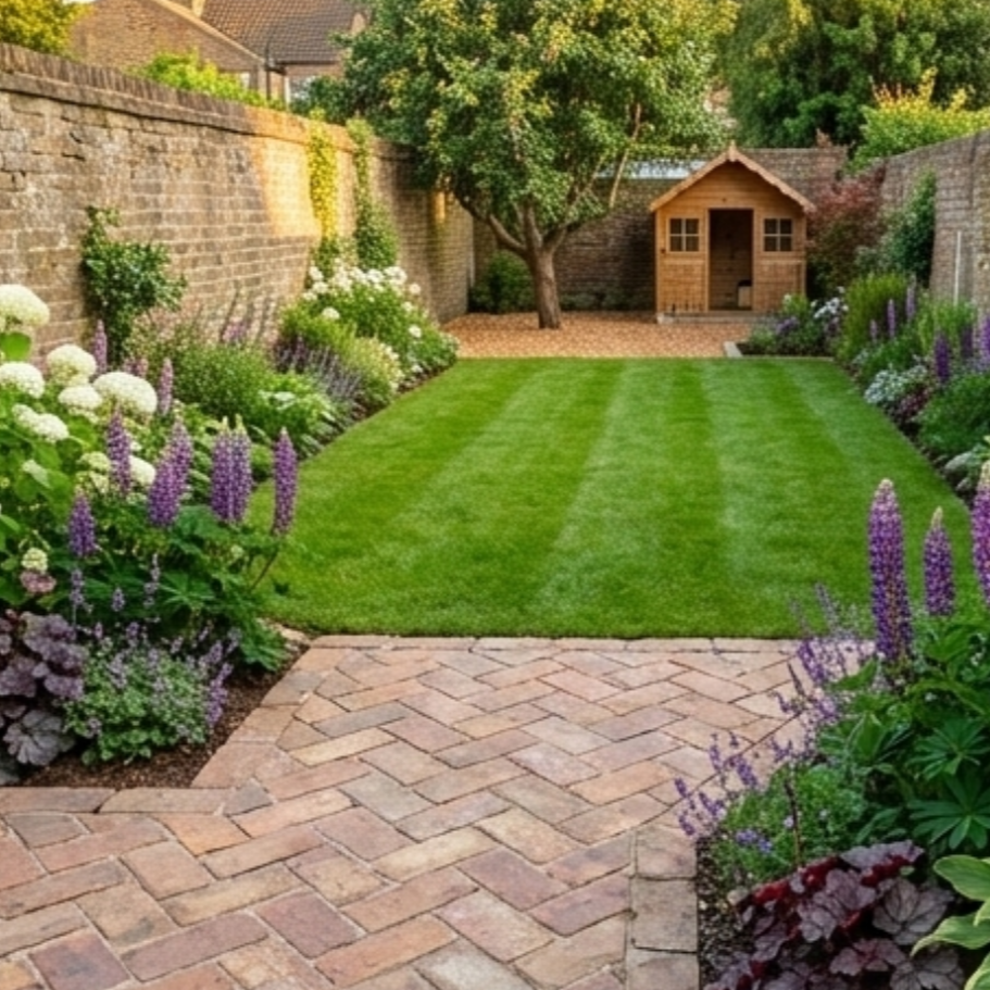 A completed garden project in South London featuring a plum tree, children's playhouse, and a pristine herringbone brick patio.