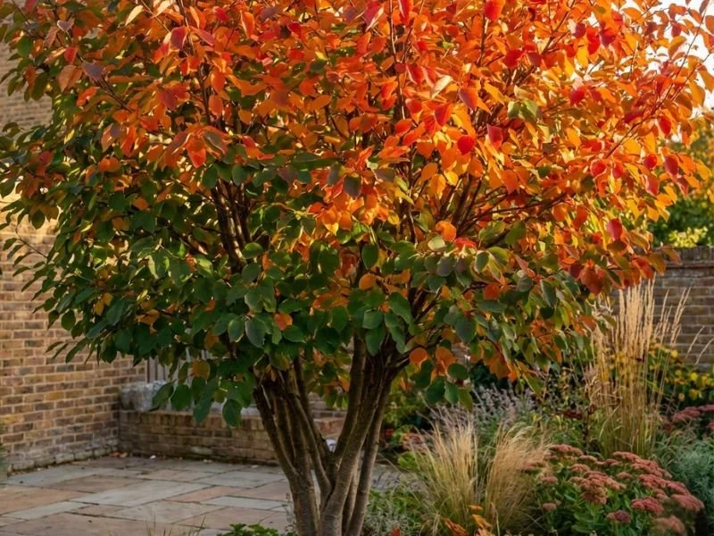 Autumn foliage of Amelanchier lamarckii in an urban garden.
