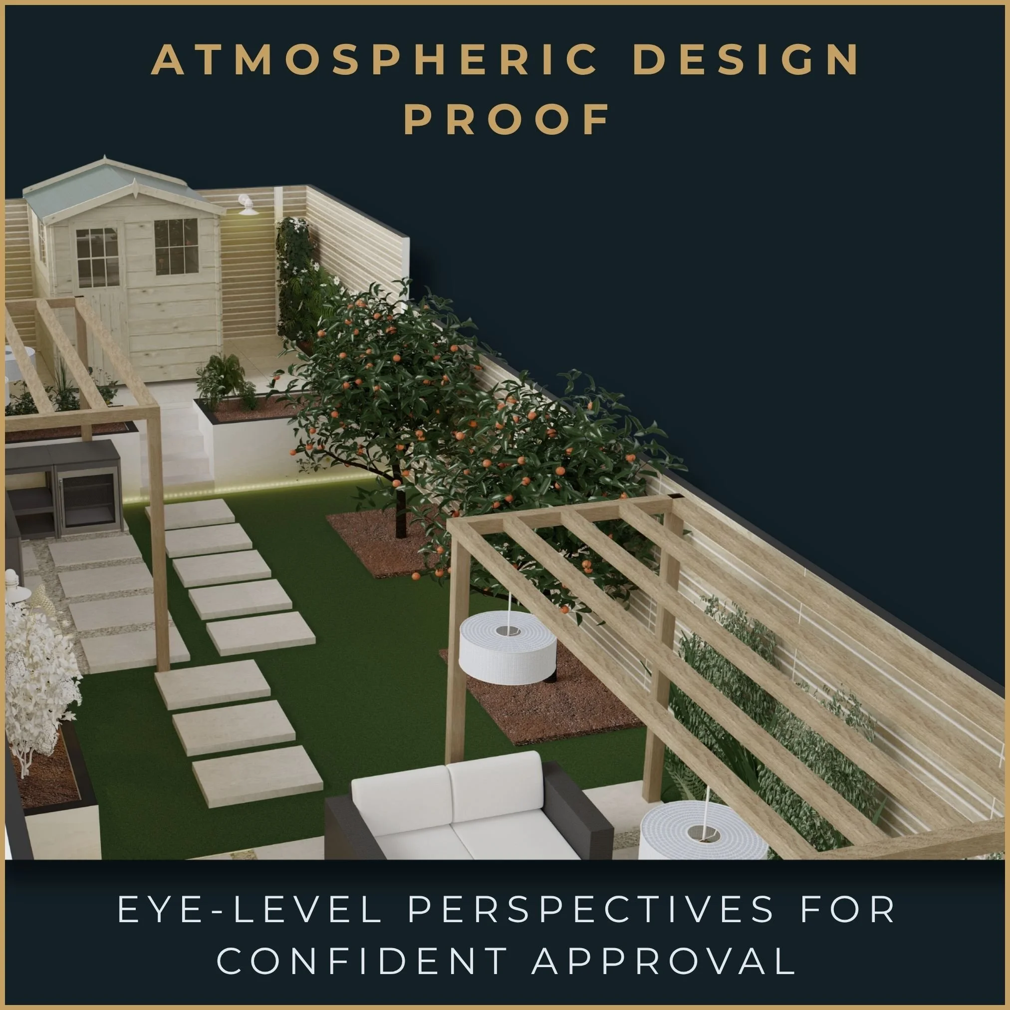 High-resolution garden design visual of the 3D Render Bolt-On | Cinematic Garden Visualisation by The Moonlight Garden Design Co. for a nocturnal sanctuary in South London and UK Nationwide.