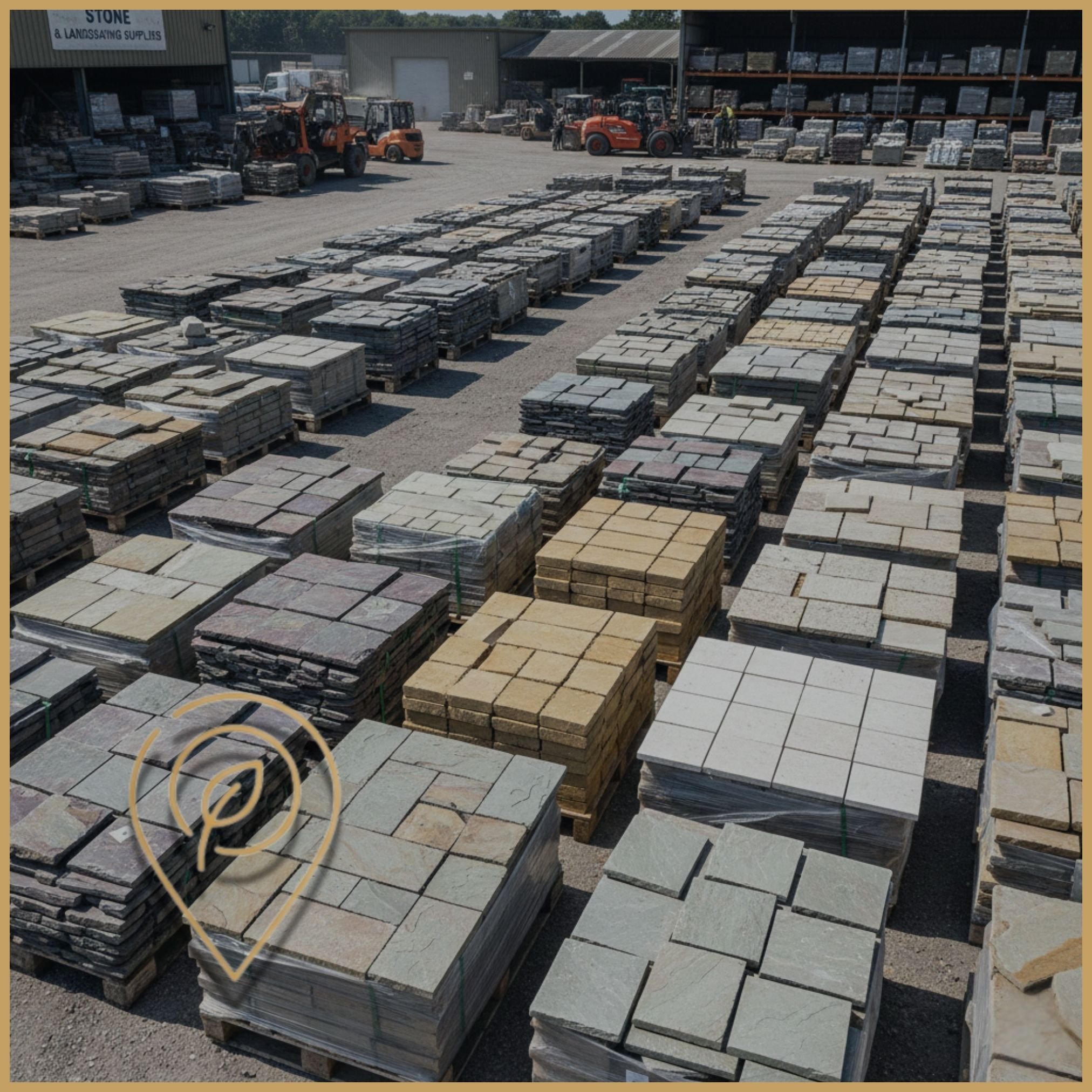Natural sandstone paving slabs and porcelain tiles at a trade stone yard ready for delivery.