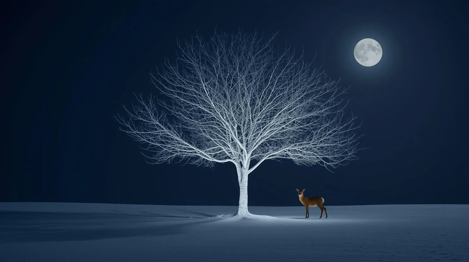 Cinematic night photography of a solitary tree illuminated from below with a deer standing in the soft glow, showcasing a professional nocturnal garden lighting design.