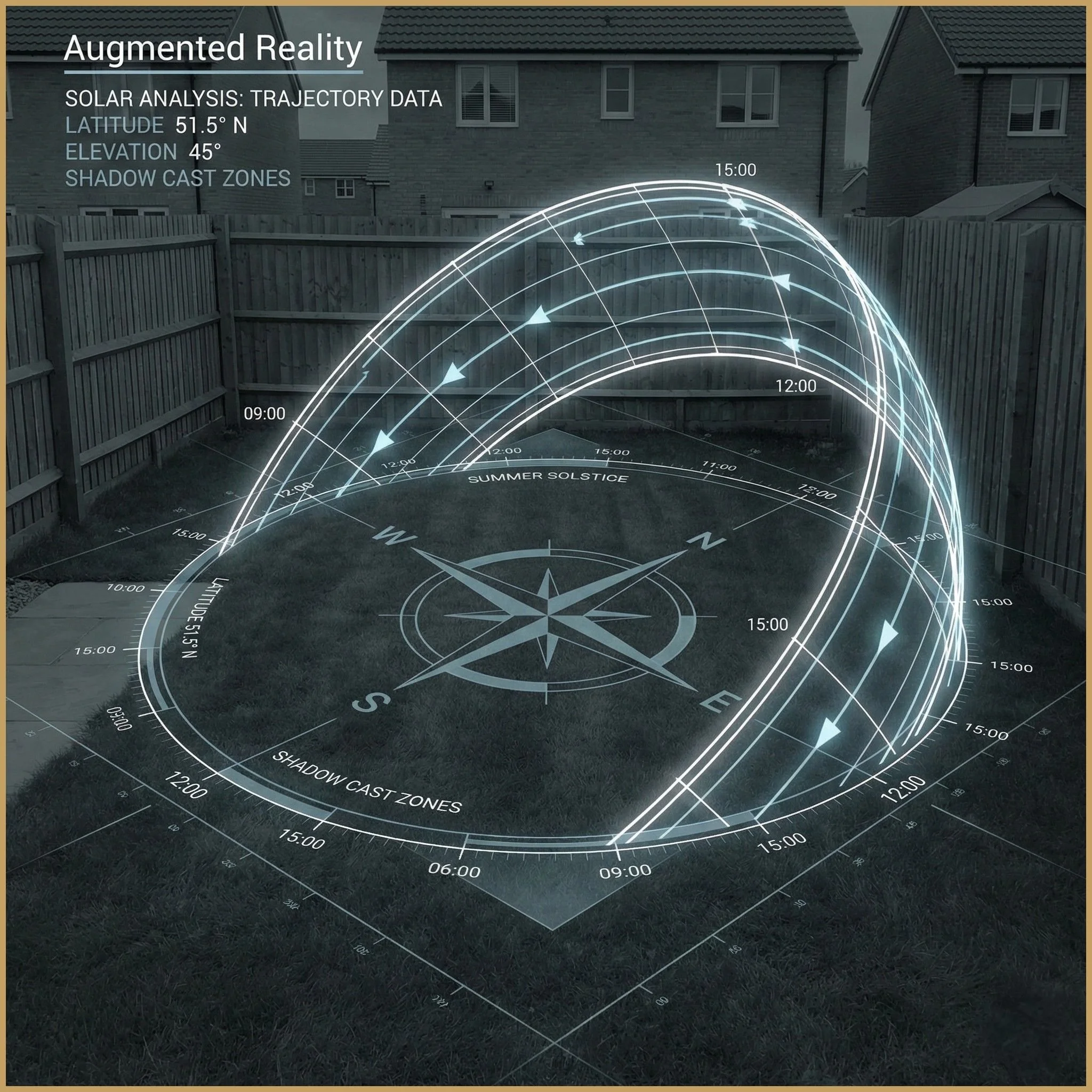 Forensic garden site analysis diagram showing sun path and soil drainage for garden planning.