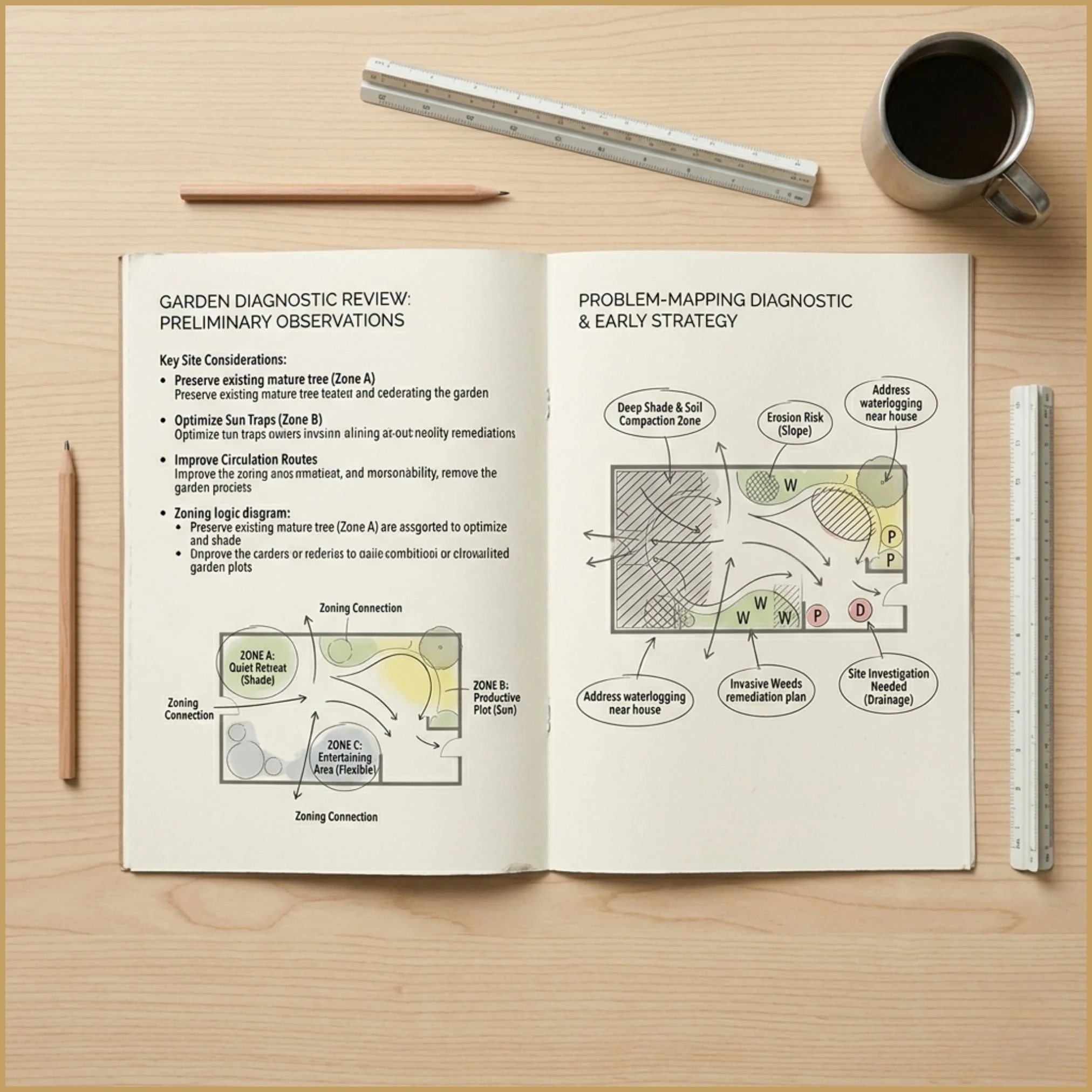 An open A3 document lies on a clean desk. The printed site observation page shows early-stage garden zoning logic and simple problem mapping.