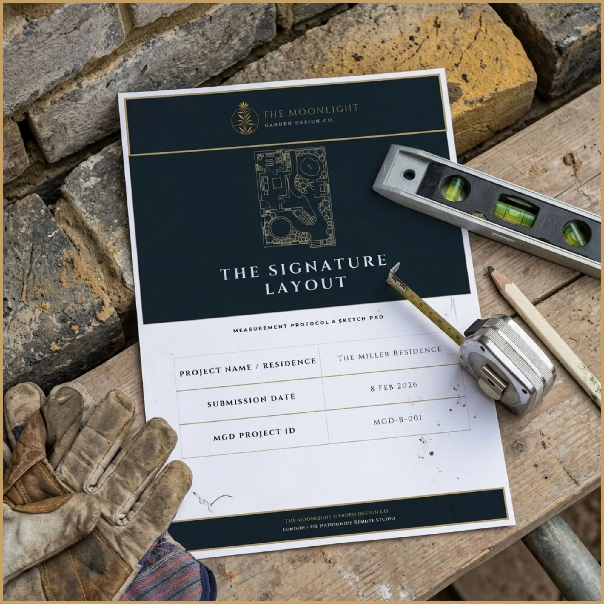 Signature Layout Asset site handover measurement protocol diagram for UK remote garden design, showing step-by-step garden survey, datum points.
