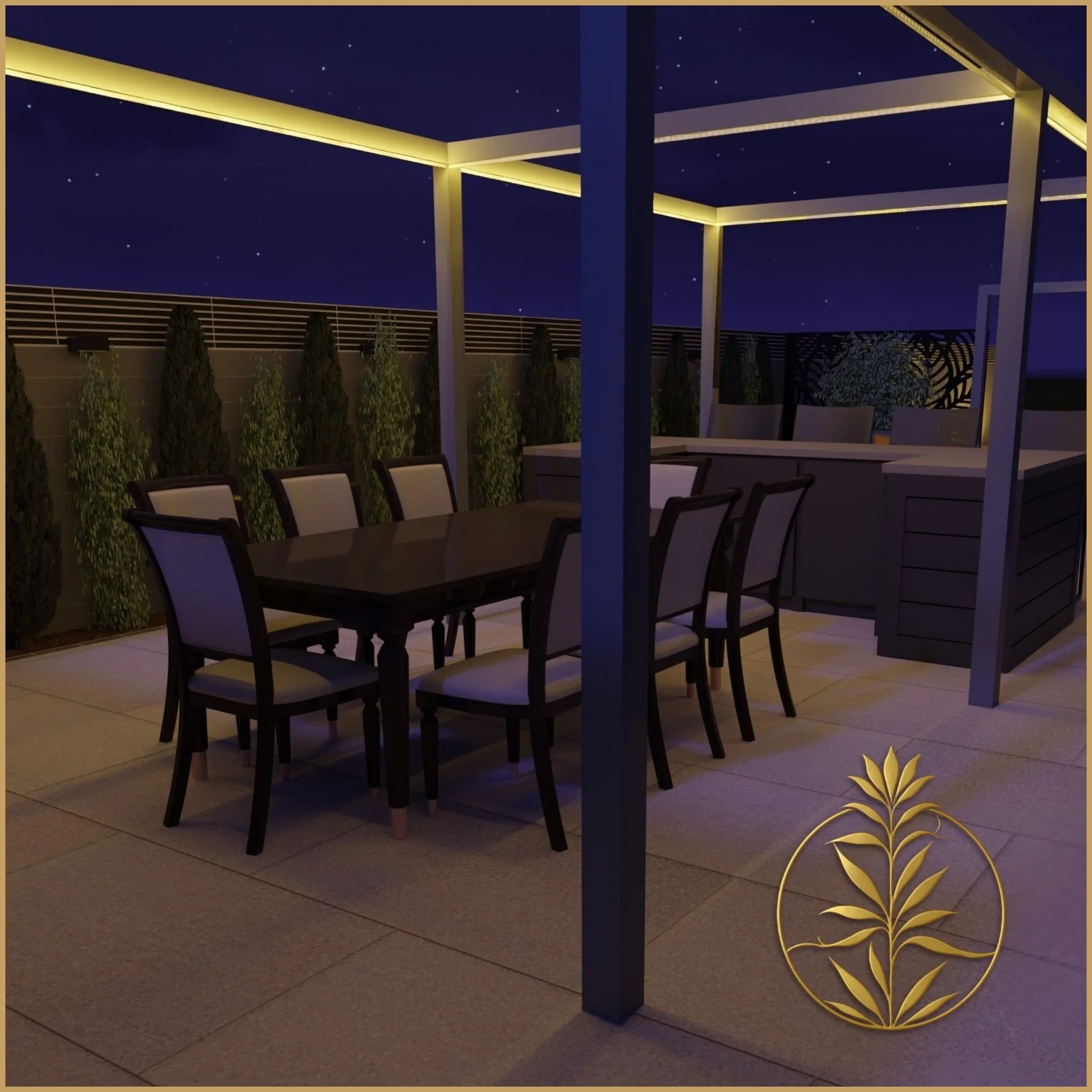 A nocturnal 3D cinematic render showcasing a dining space, illuminated pergola, and bespoke outdoor kitchen, demonstrating the highly detailed digital twin capabilities provided by Moonlight Studio.