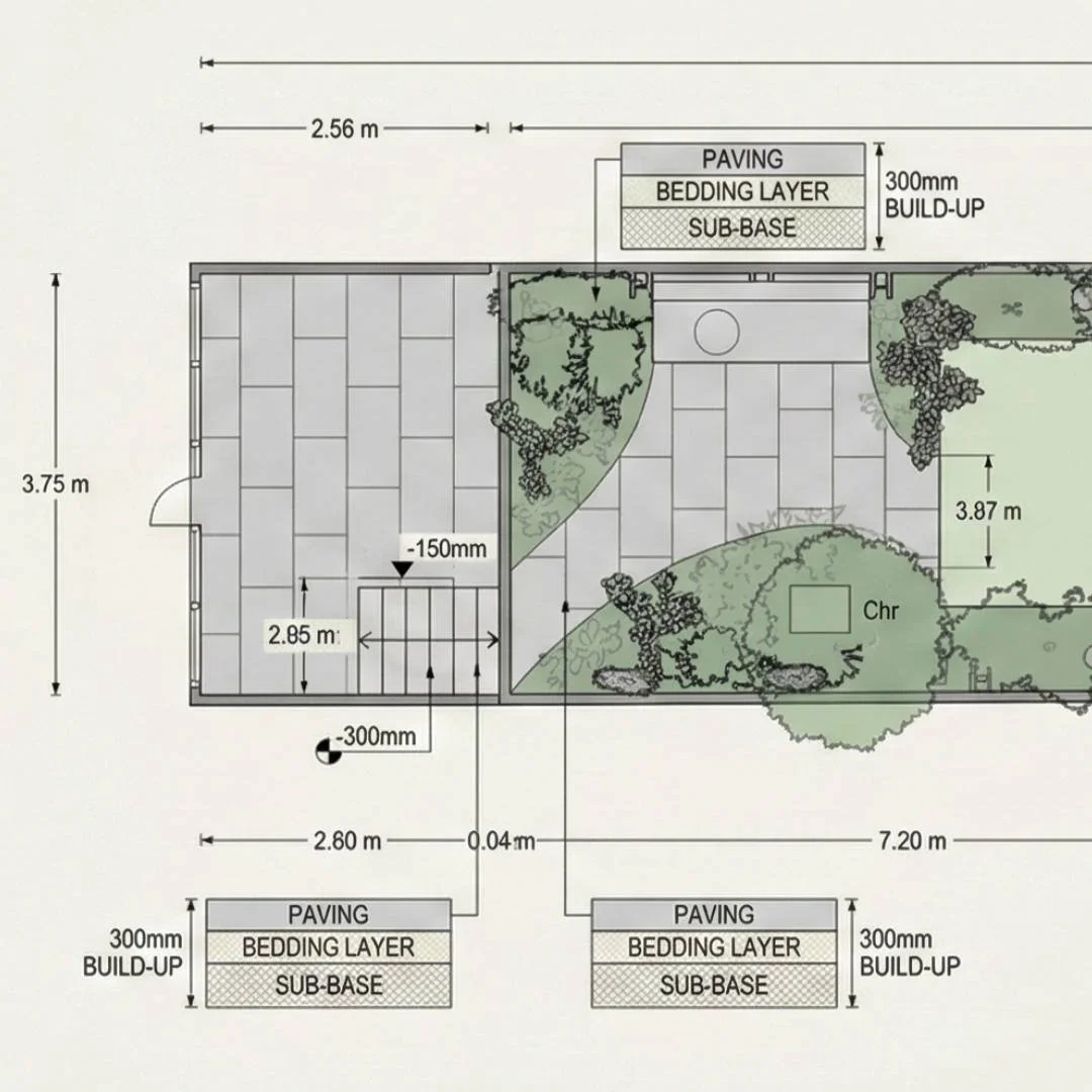 Technical dimensional plan for landscape construction and patio depths.