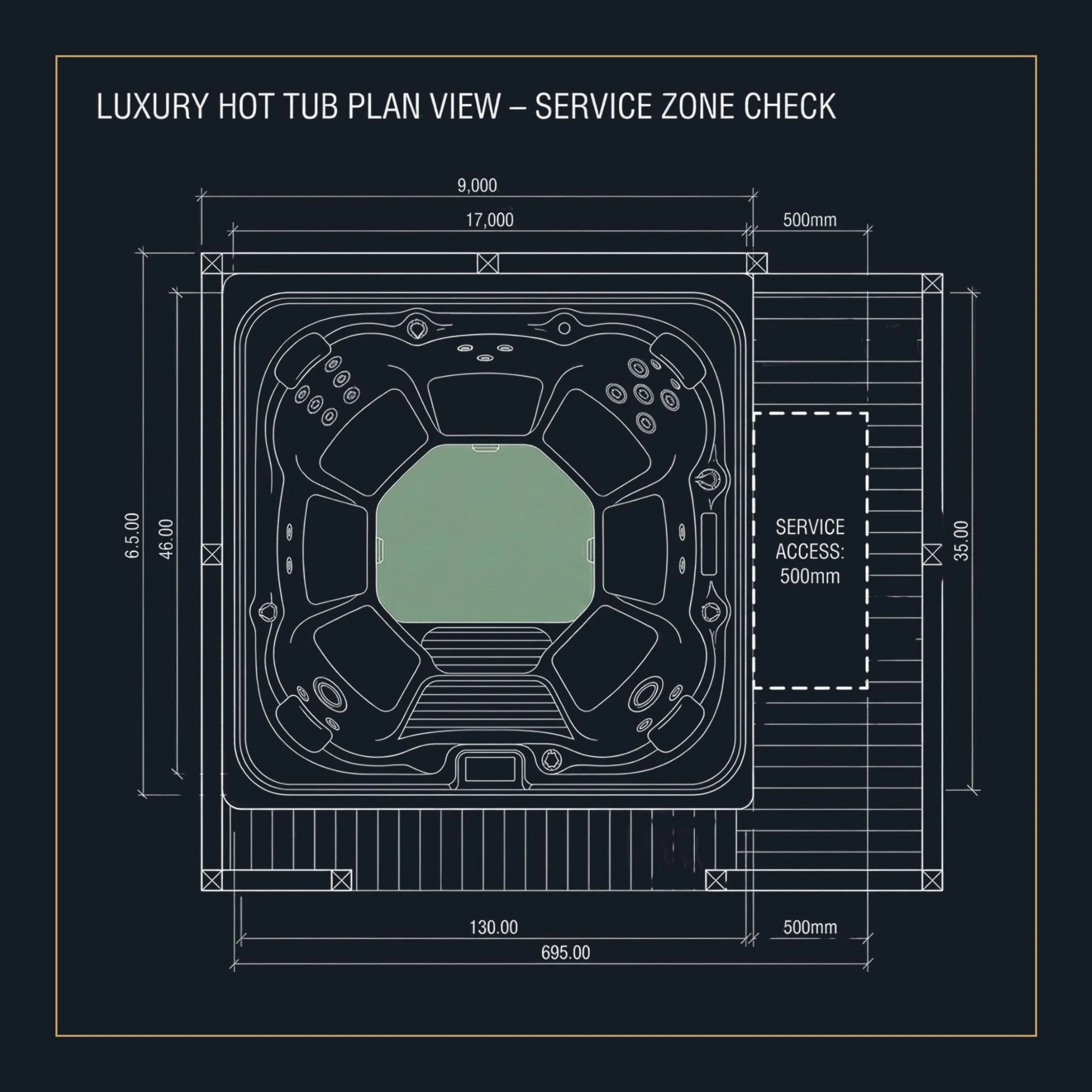 Maintenance envelope diagram showing service access zones for garden hot tubs and pumps to prevent decking collisions.