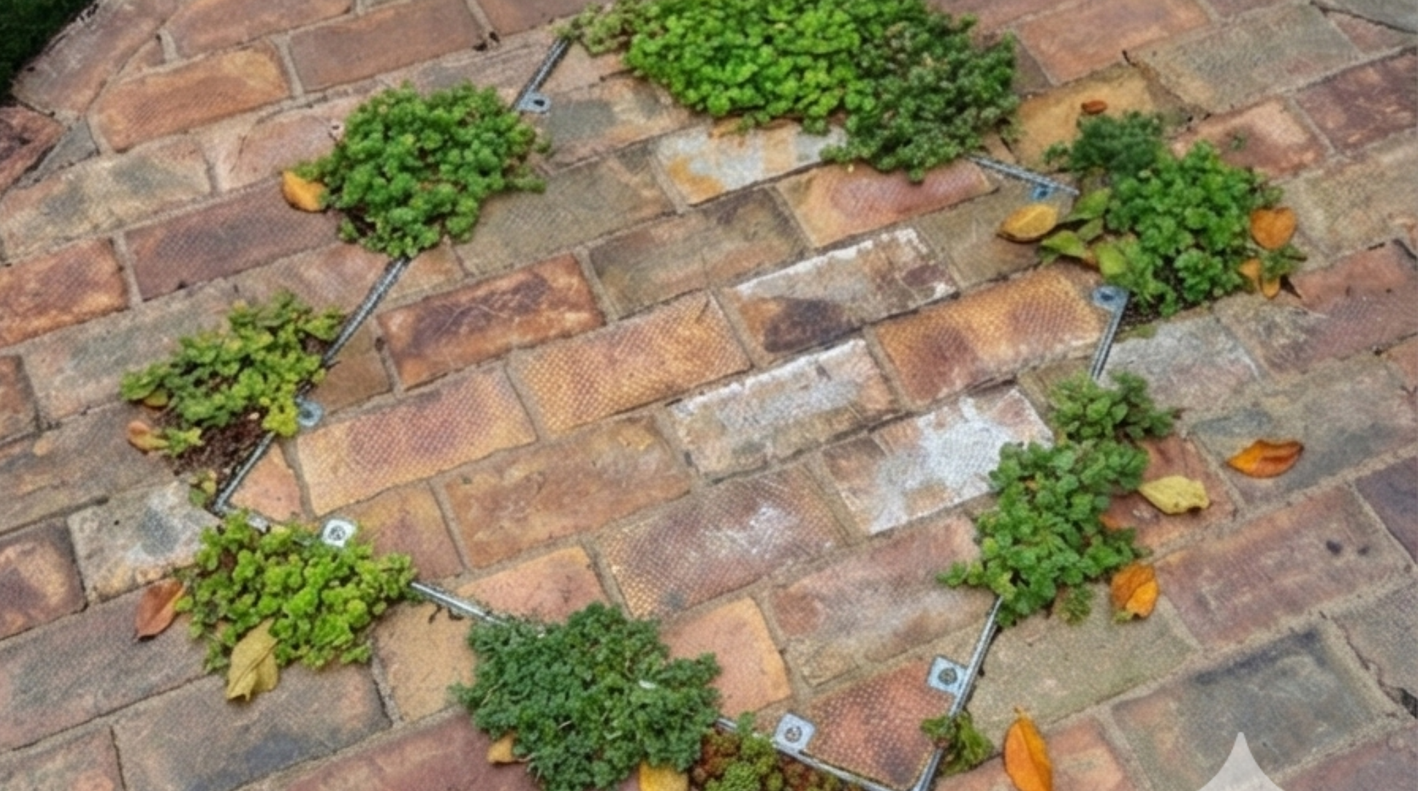 Seamless integration of utility covers. Professional recessed manhole installation for a flawless herringbone brick patio finish.