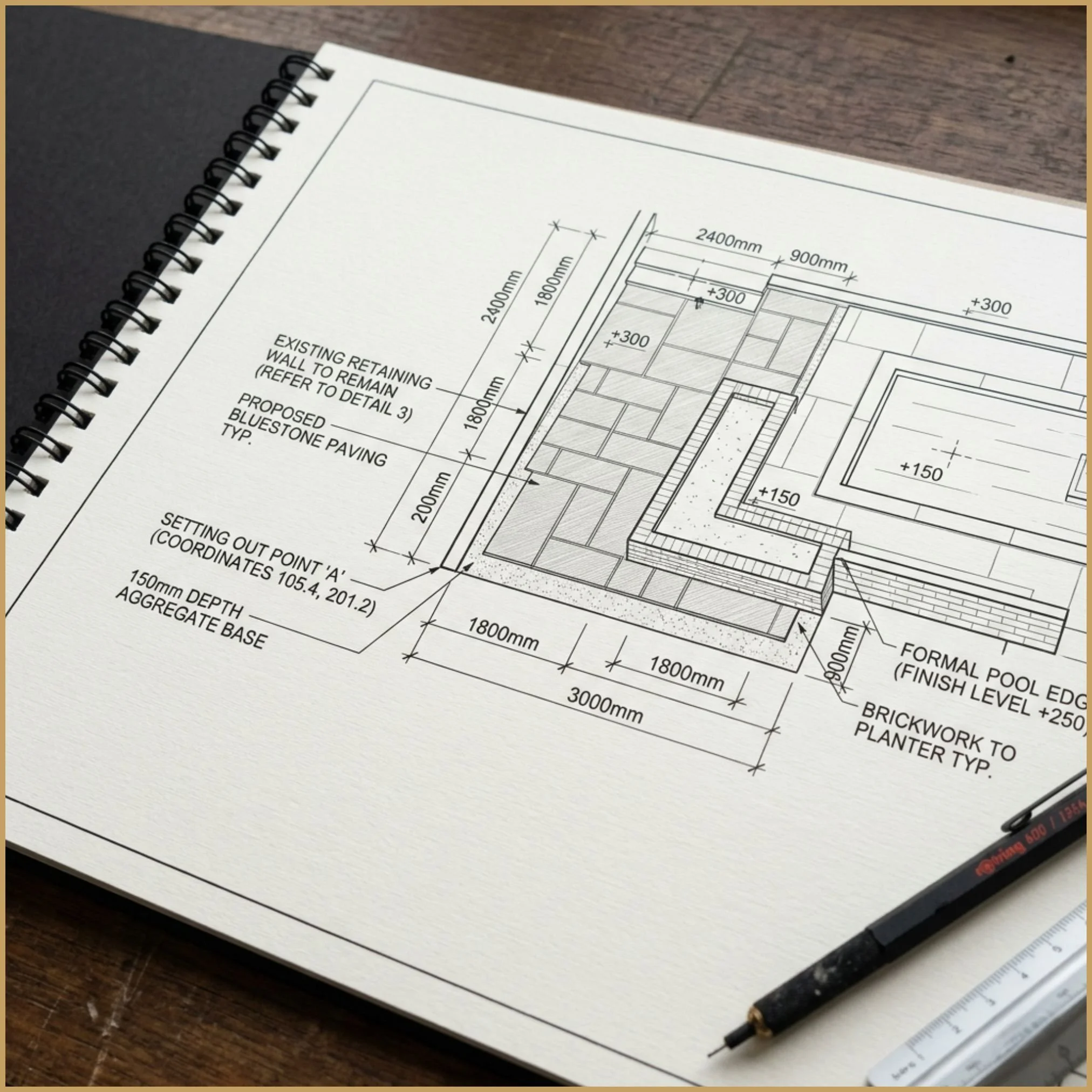 Overhead view of an A3 printed garden layout sheet. The contractor-facing page shows dimensional references and precise hardscape geometry.