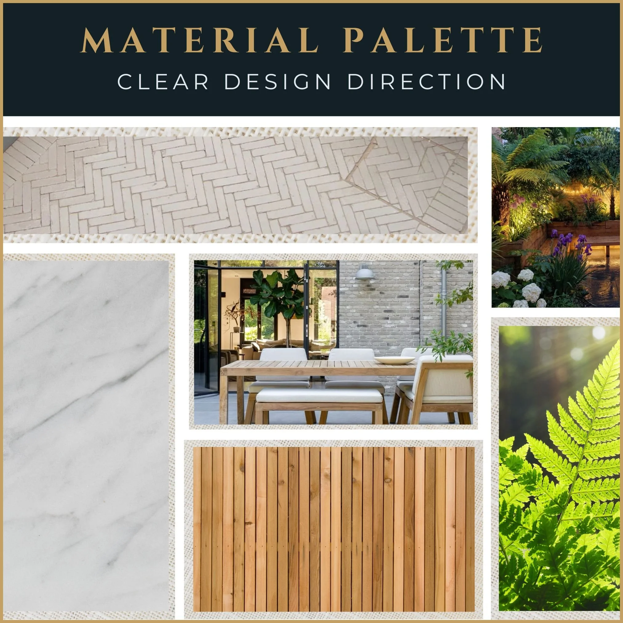 Material DNA moodboard for UK remote garden design showing porcelain paving, Western Red Cedar, planting palettes and lighting concepts, part of the Signature Layout 2D CAD master plan asset.