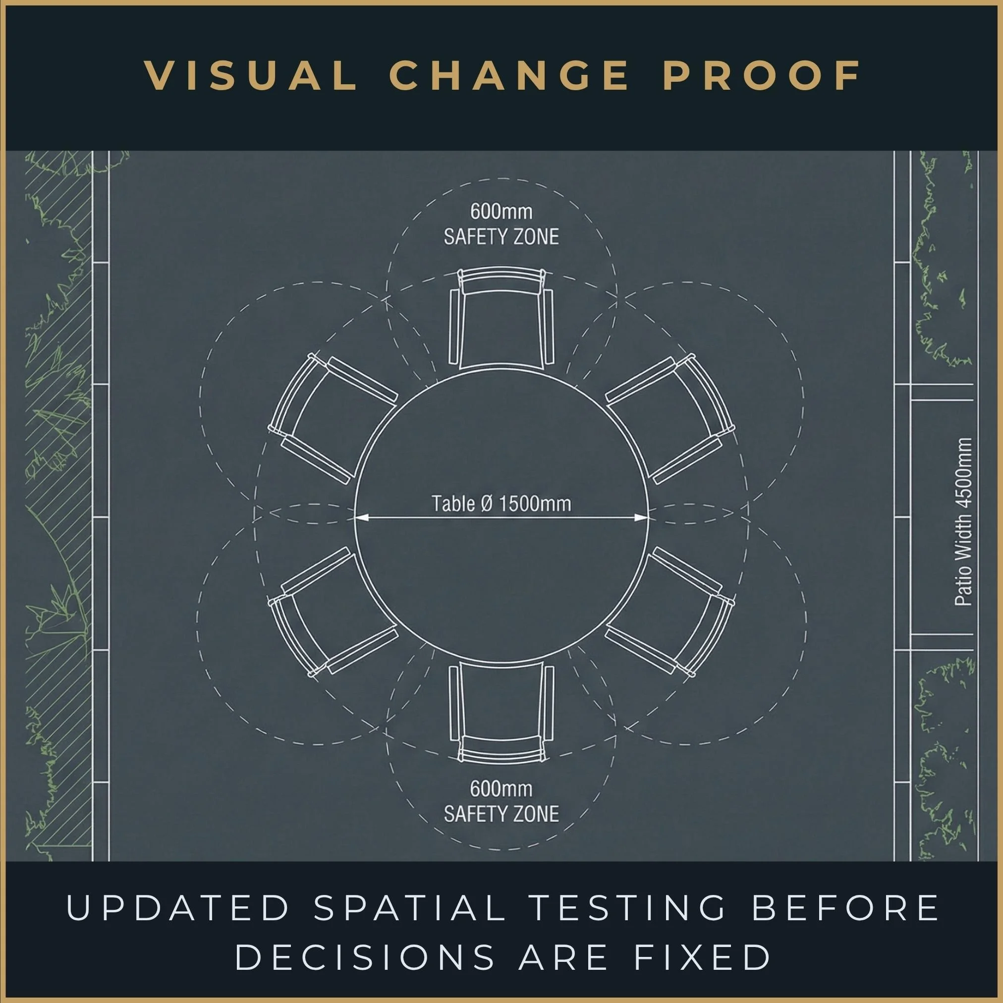 3D collision detection showing furniture clearance zones and chair pull-back space on a garden patio to ensure ergonomic flow.
