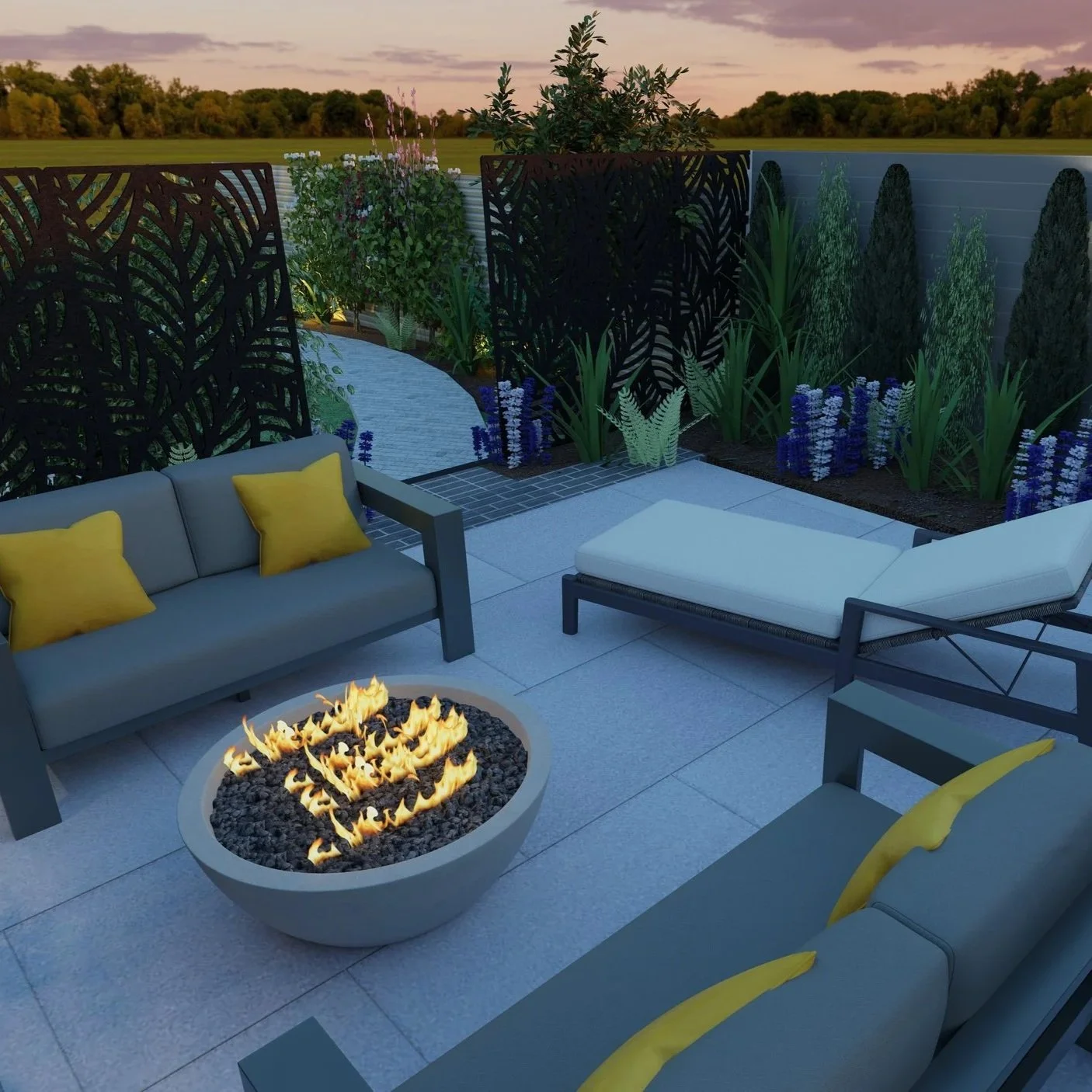 Cinematic 4K 3D garden render at dusk showing porcelain paving and fire pit atmosphere.