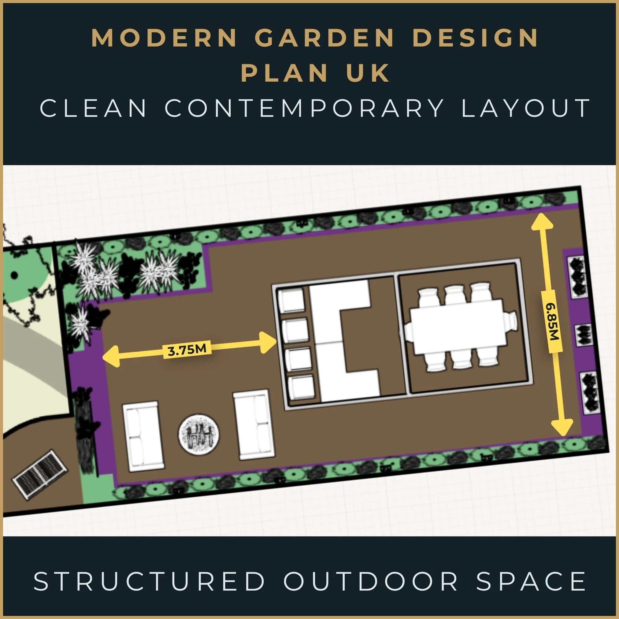 3D digital twin blueprint of a modern UK garden design with precise measurements, paths, planting areas, and outdoor living zones for remote garden design