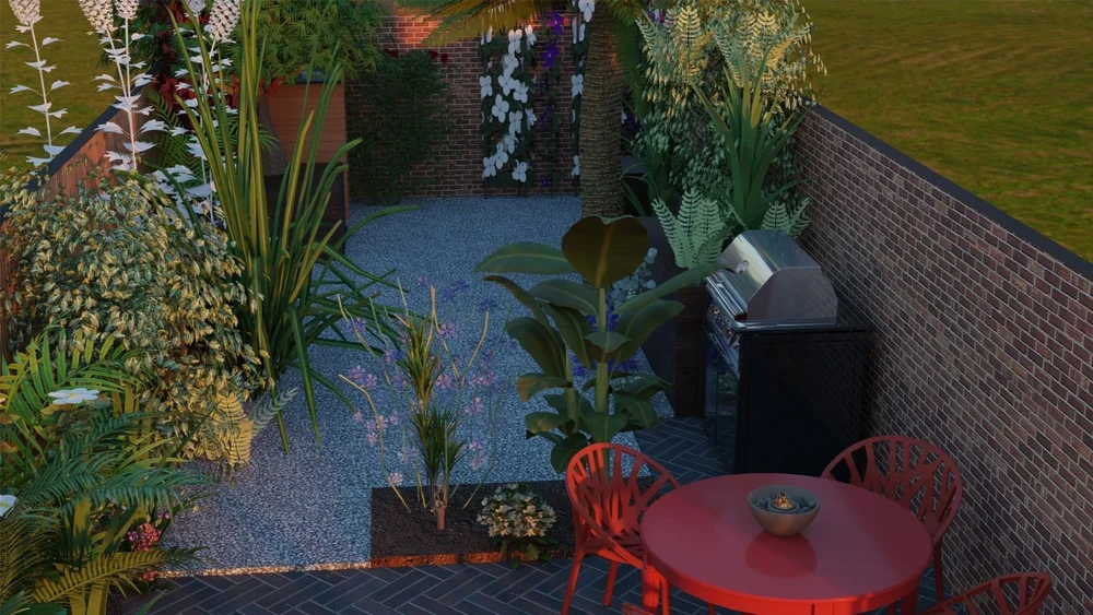 3D garden design visual showing tropical planting layout and patio arrangement