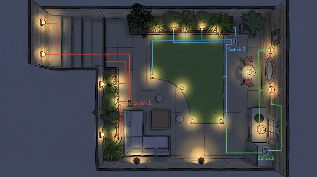 Technical 2D garden master plan showing architectural layout paired with electrical lighting schematic