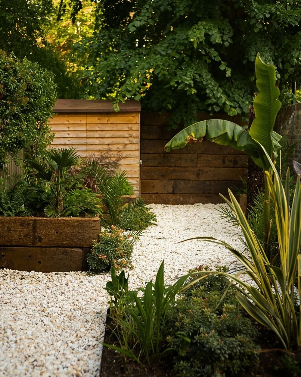 Garden pathway with white gravel and tropical planting showing spatial flow and zoning design