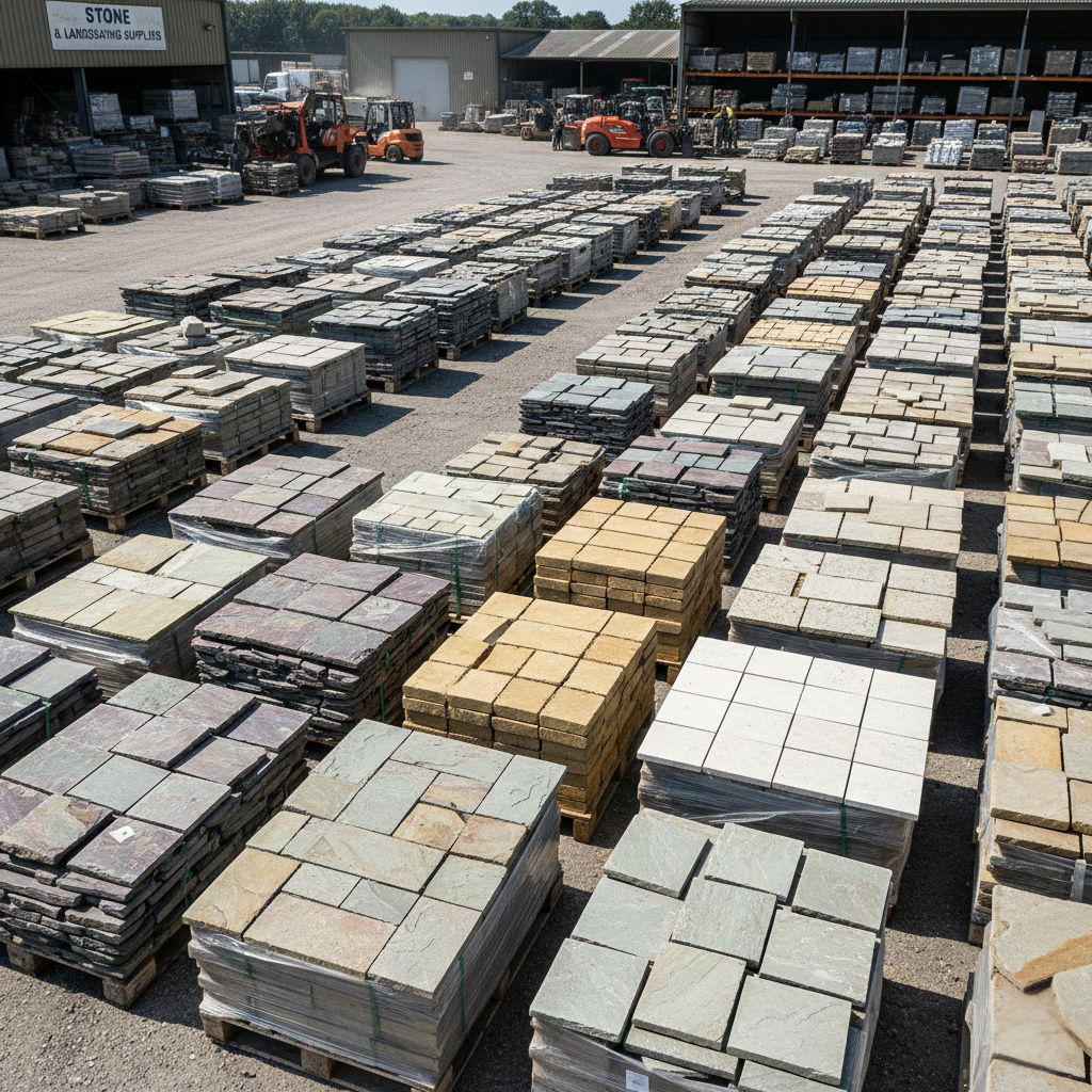 Natural sandstone paving slabs and porcelain tiles at a trade stone yard ready for delivery.