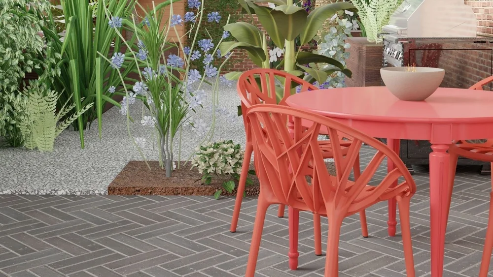 3D render of garden patio with dining table and tropical planting design