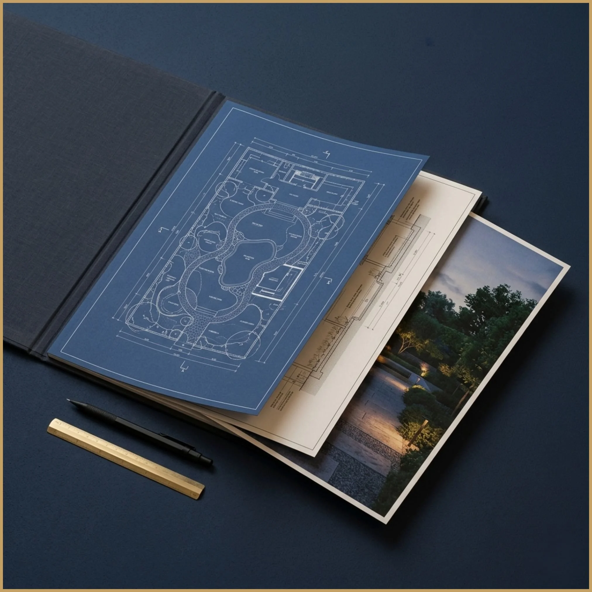 An open A3 printed folio on a dark background, displaying a blue technical page with white linework layered over a garden dusk visual sheet.