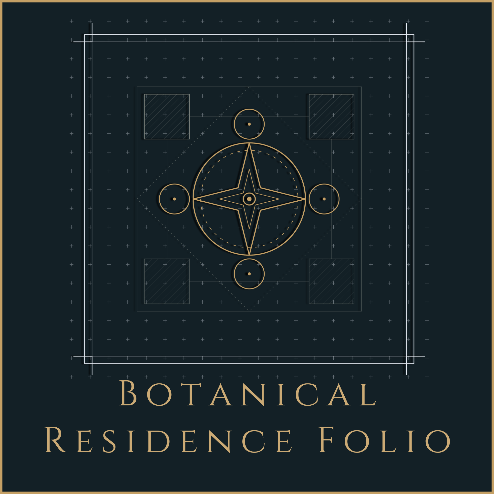 Minimal botanical architecture icon with abstract planting symbol on dark background.