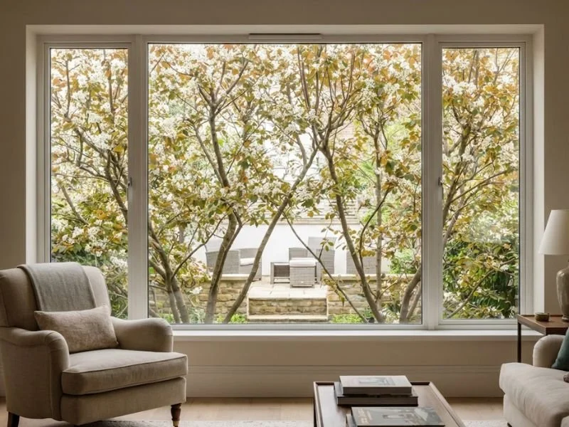 View of a private London terrace through Juneberry privacy trees.