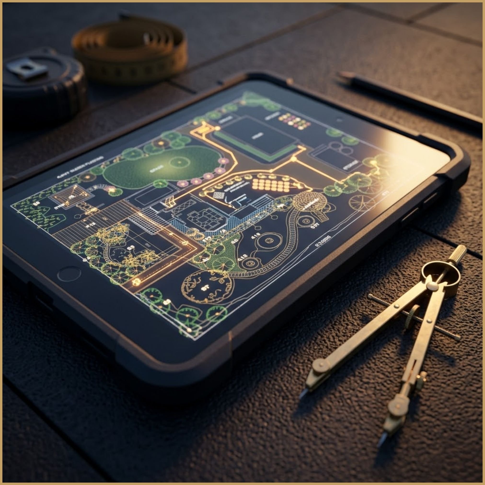 A digital tablet displaying glowing garden CAD layouts and electrical circuits resting on premium dark porcelain paving.