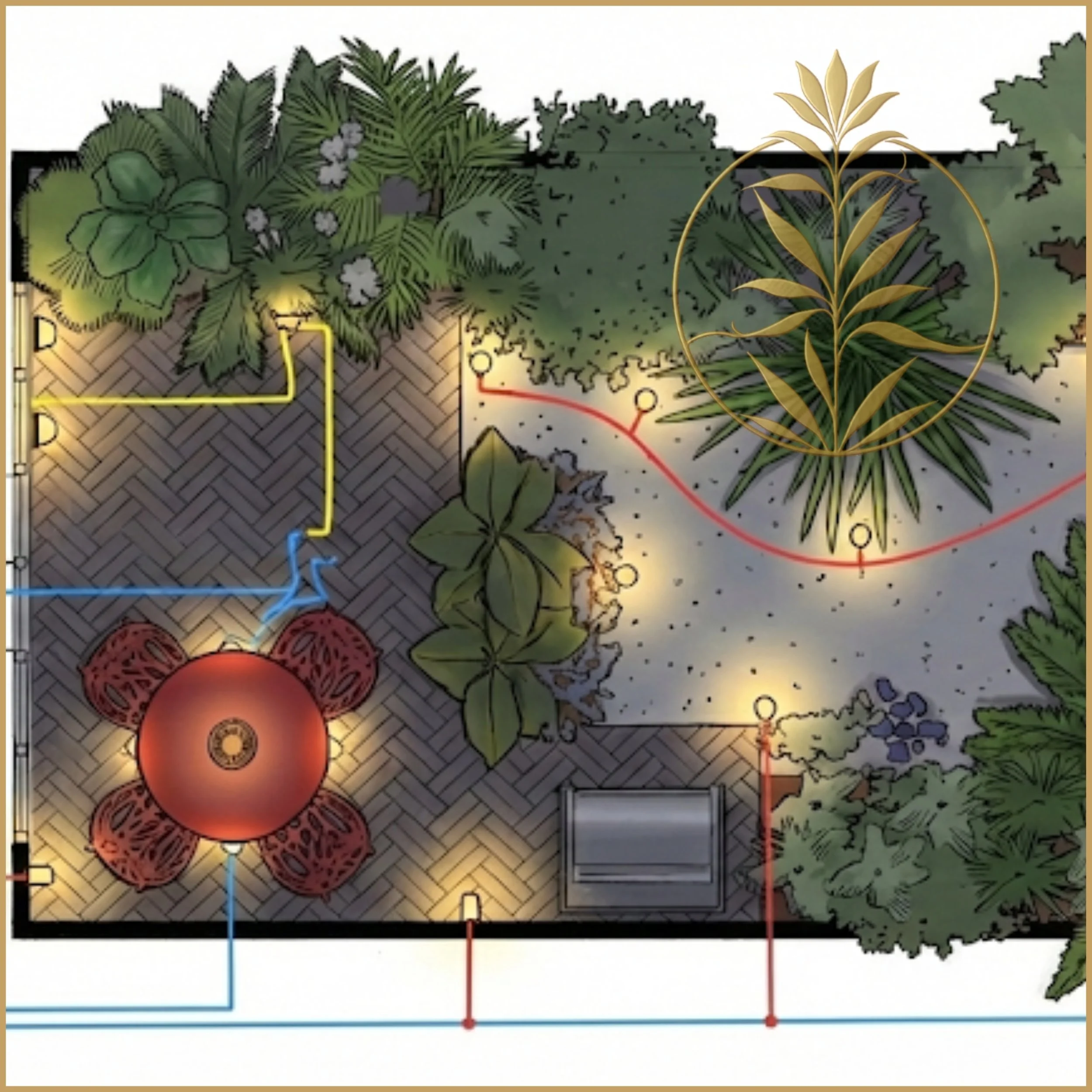 A colored design sketch illustrating the conceptual transition from functional day-time use to an atmospheric night-time sanctuary, with marked lighting circuits and lamp types, by Moonlight Studio.