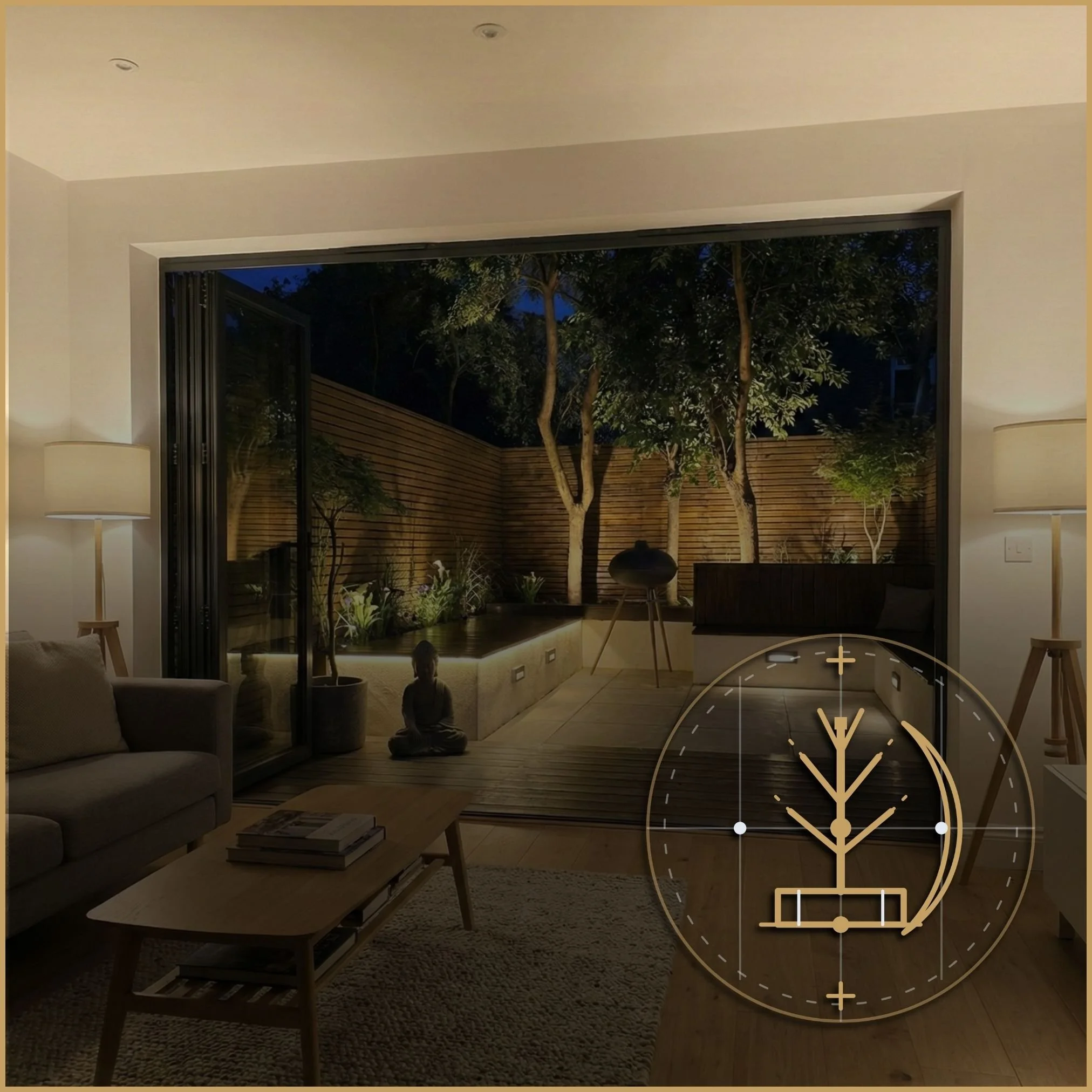 Nocturnal garden lighting schematic photo showing an outdoor space illuminated with warm 2700K lighting, illustrating the technical wiring plan for the Nocturnal Lighting Schematic asset.