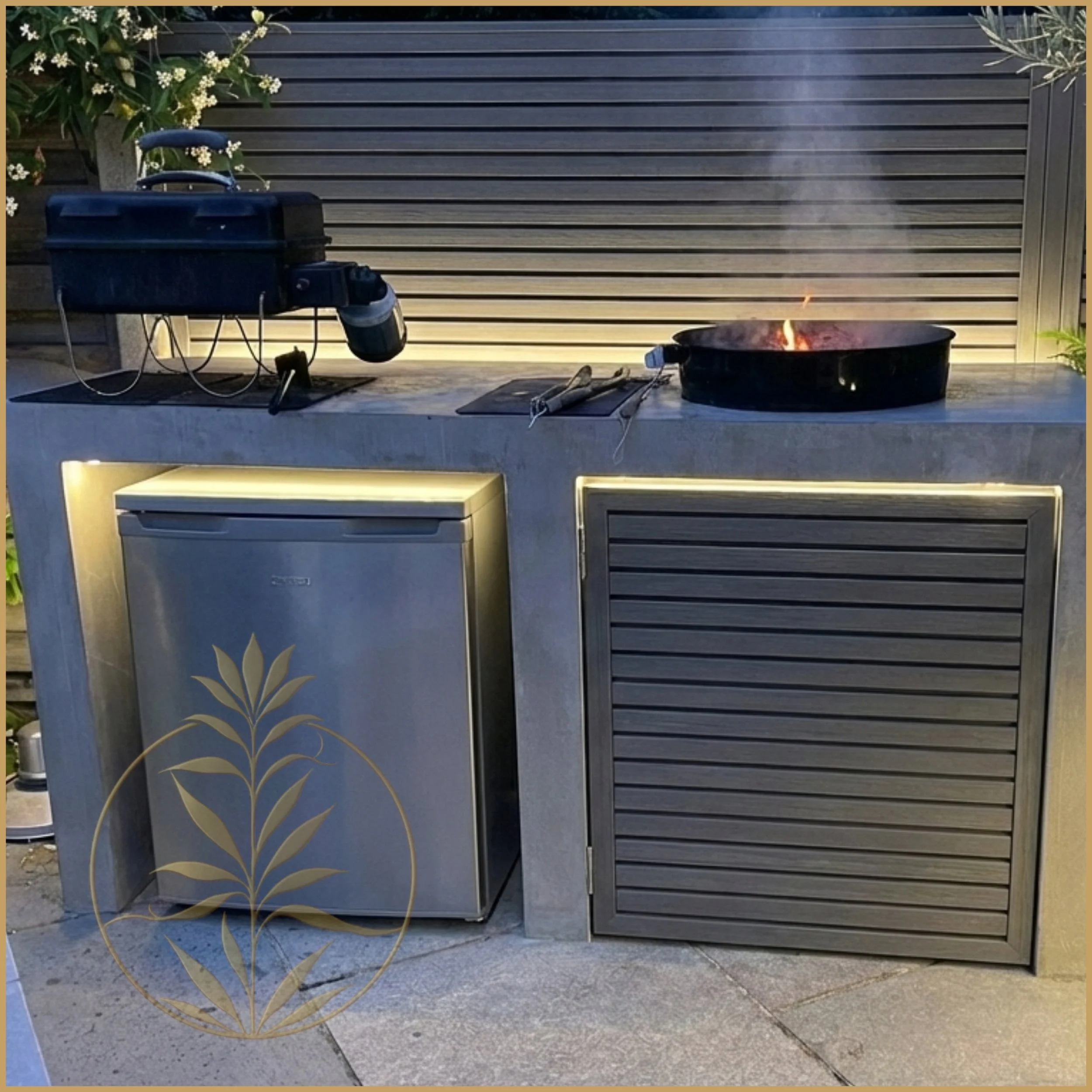 A photorealistic nighttime visualization of an outdoor kitchen, BBQ station, and pergola, illuminated by warm white LED grazing and uplighting, designed by Moonlight Studio.