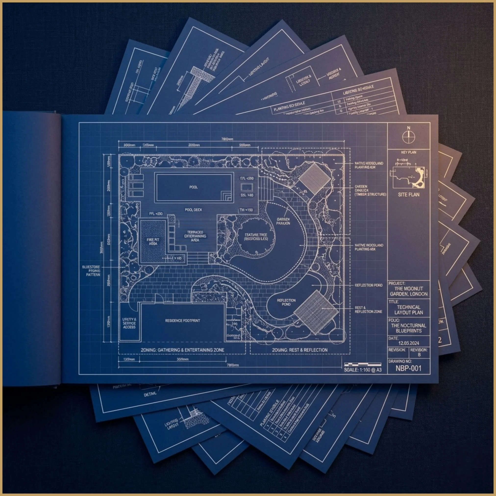A dark blue technical page with white architectural linework of a garden layout, resting on a fanned stack of printed blueprint sheets.