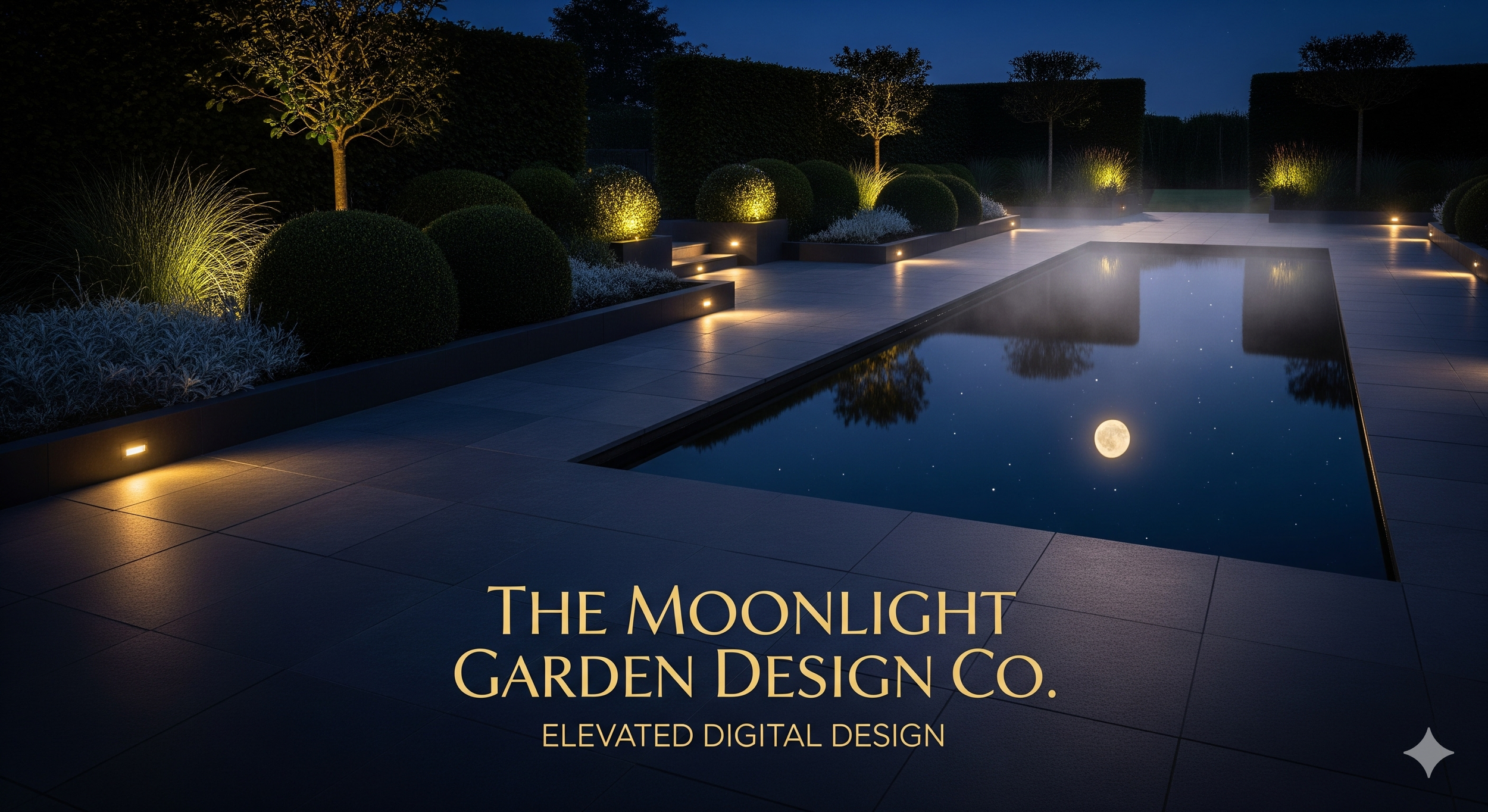 Nighttime view of a modern garden with a swimming pool, illuminated landscape lights, neatly trimmed trees, bushes, and ornamental grasses.