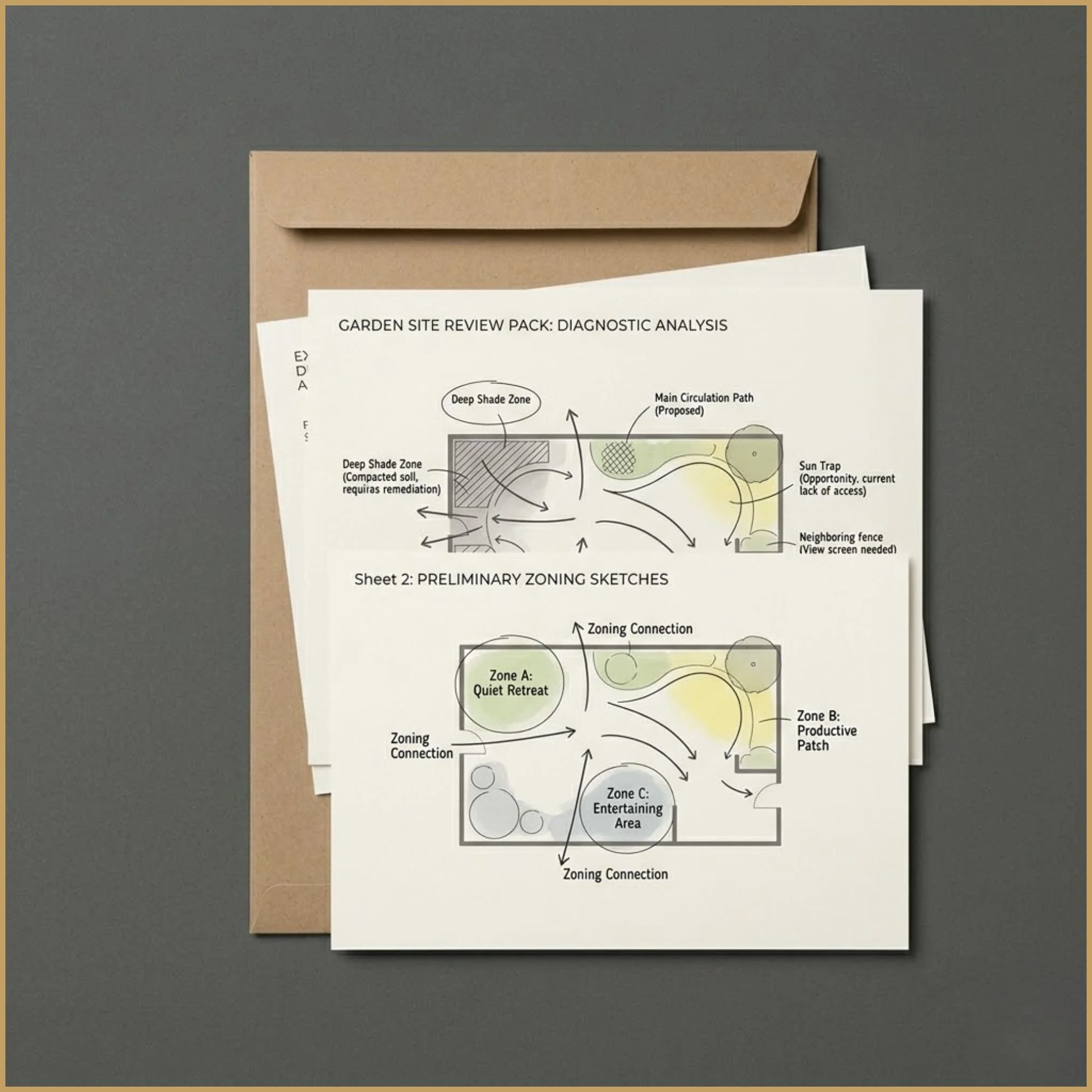 Flat-lay of a rigid mailer and an A3 document. The printed diagnostic sheets display basic garden analysis graphics and simple zoning sketches.