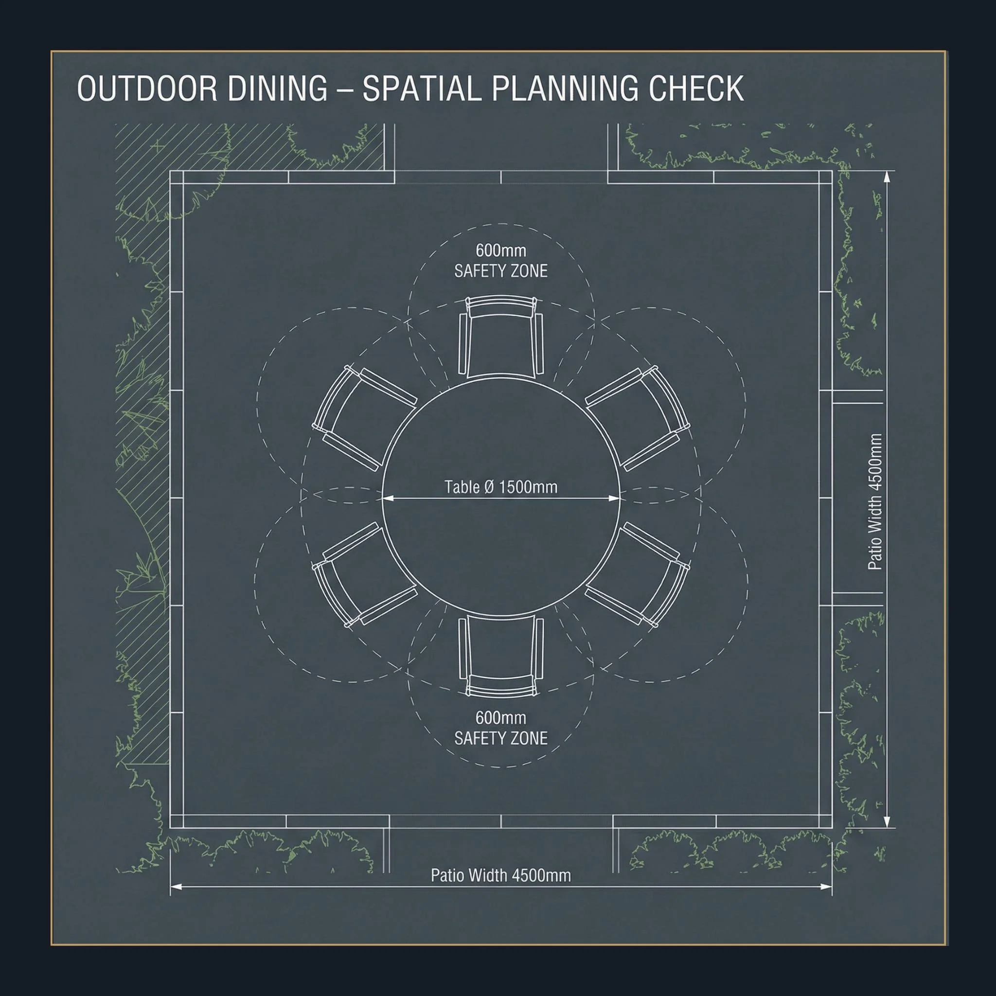 3D collision detection showing furniture clearance zones and chair pull-back space on a garden patio to ensure ergonomic flow.