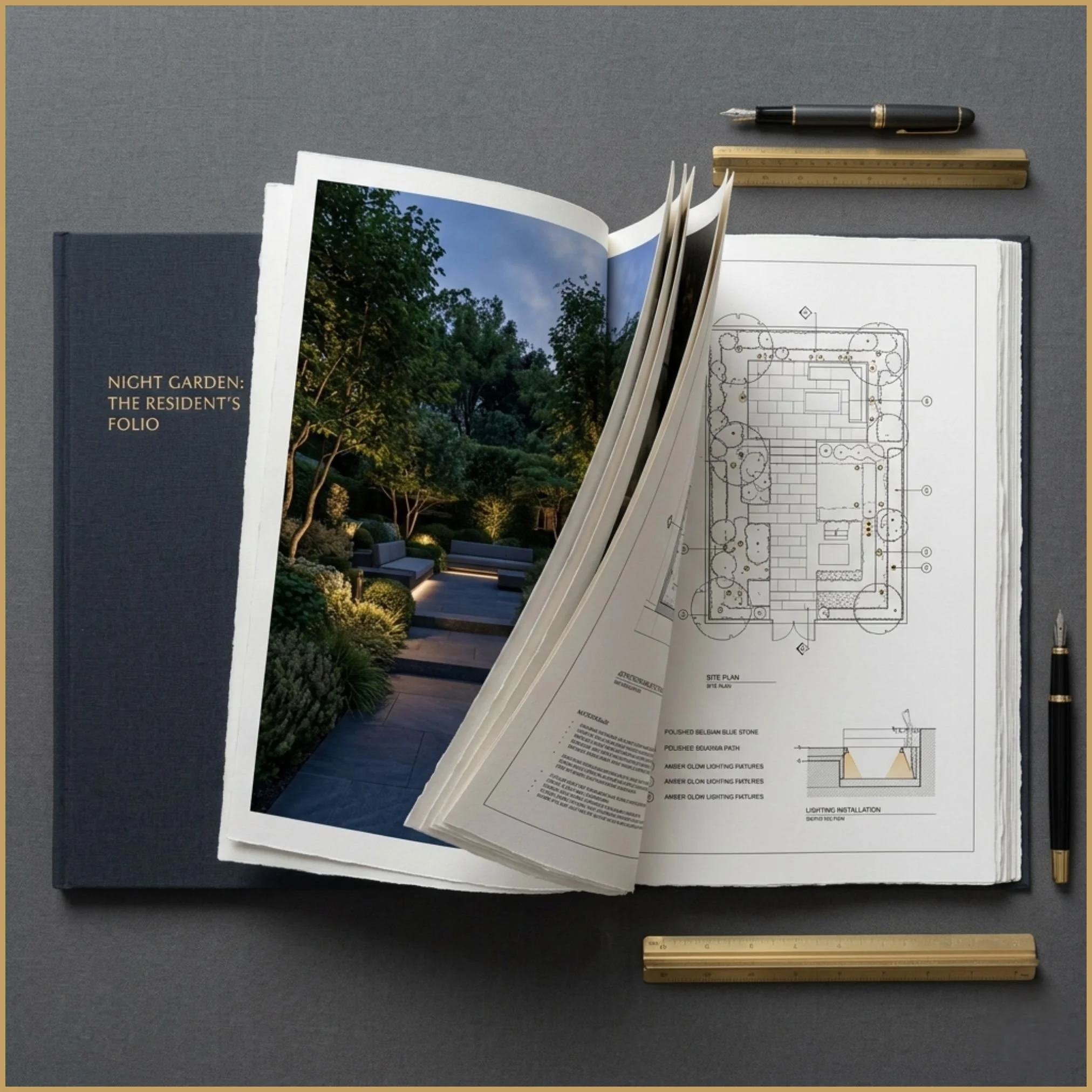 An open rigid mailer box revealing a dark blue printed folio, dark tissue paper, and a translucent cover sheet with architectural linework.