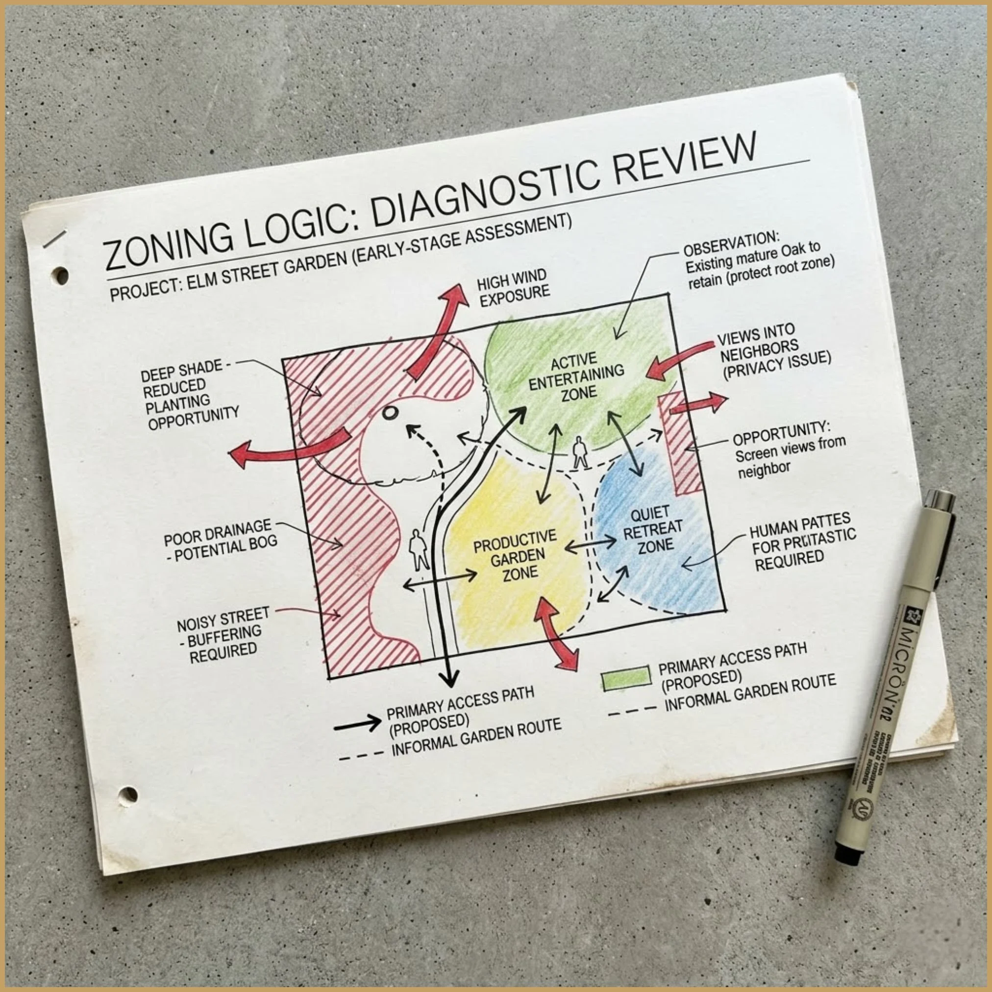 Close-up of a printed zoning diagram displaying simple architectural linework, circulation routes, and highlighted early-stage garden zones.