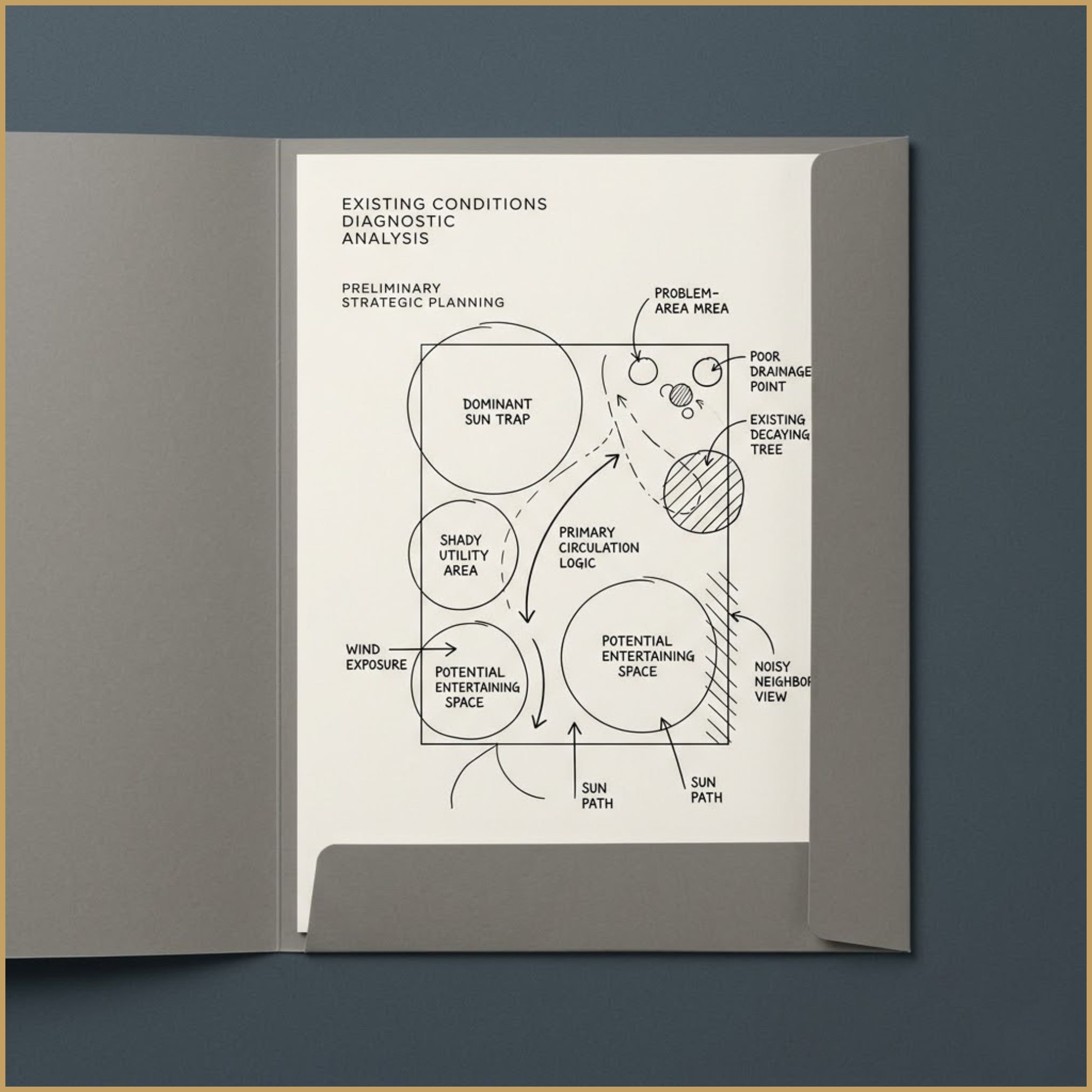 A printed A3 document in a dark grey folder rests on a muted surface. The visible page displays a basic zoning diagram with simple arrows.