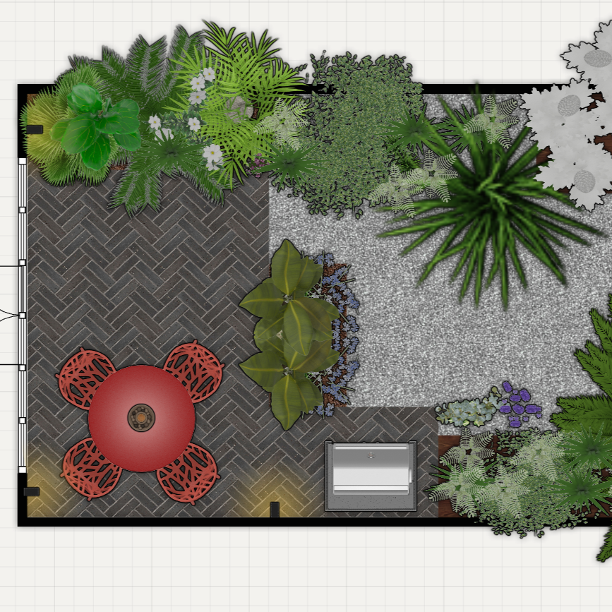 2D coloured garden materials plan for a Marlborough project, showing paving, planting beds and layout by Moonlight Garden Design.